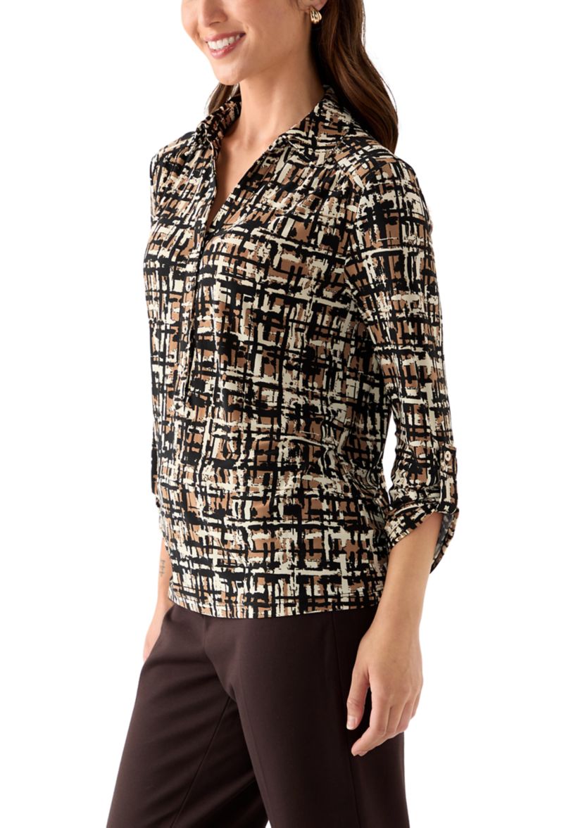 Petite 3/4 Scrunched Sleeve Printed Button Down Shirt