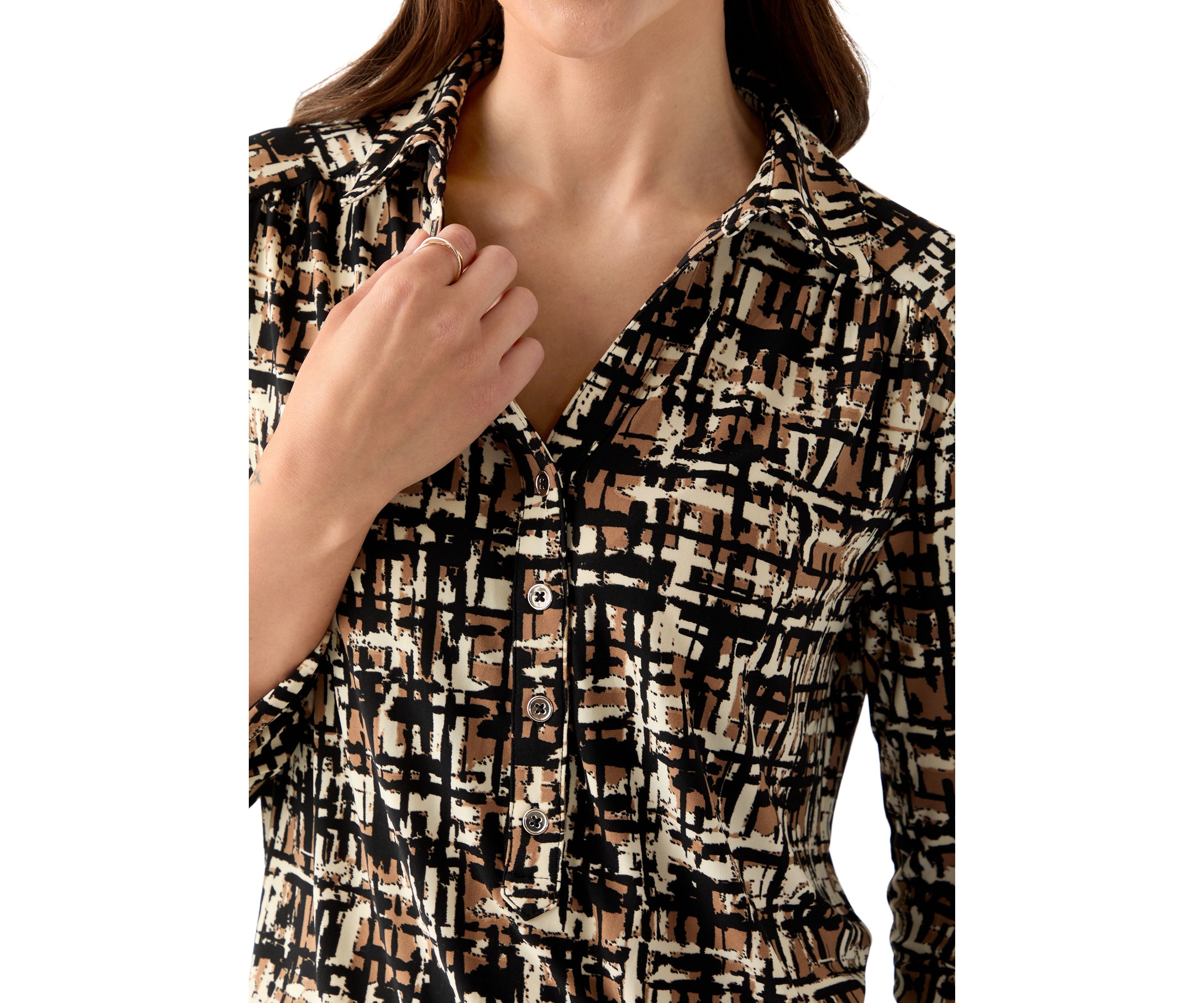 Petite 3/4 Scrunched Sleeve Printed Button Down Shirt