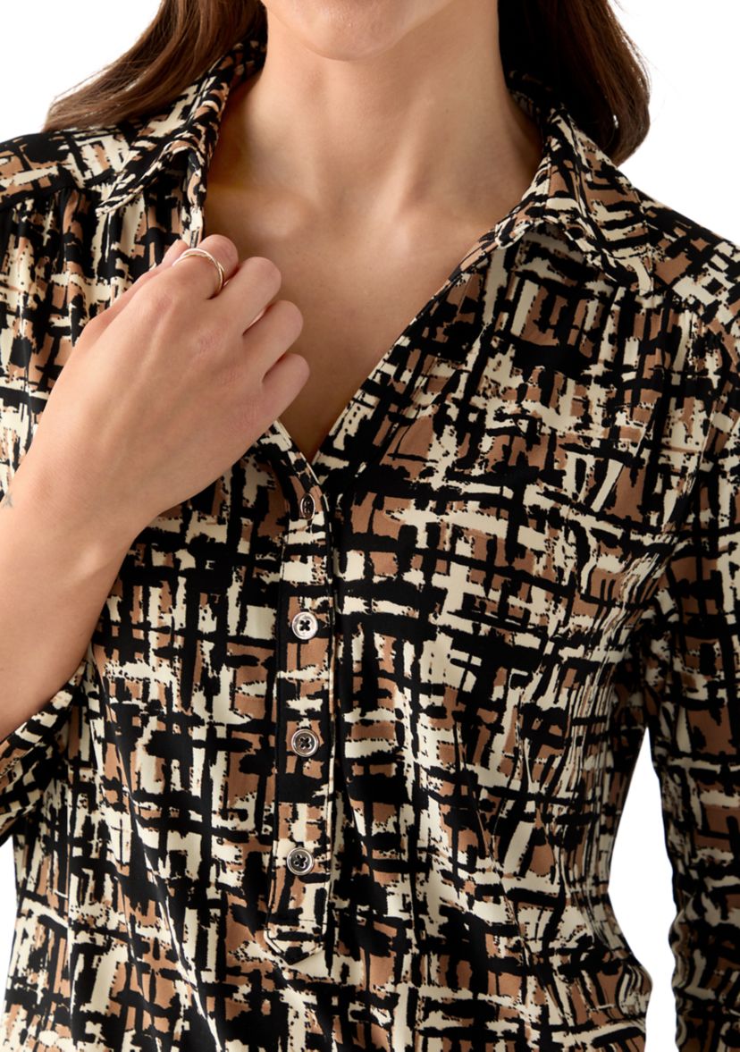 Petite 3/4 Scrunched Sleeve Printed Button Down Shirt