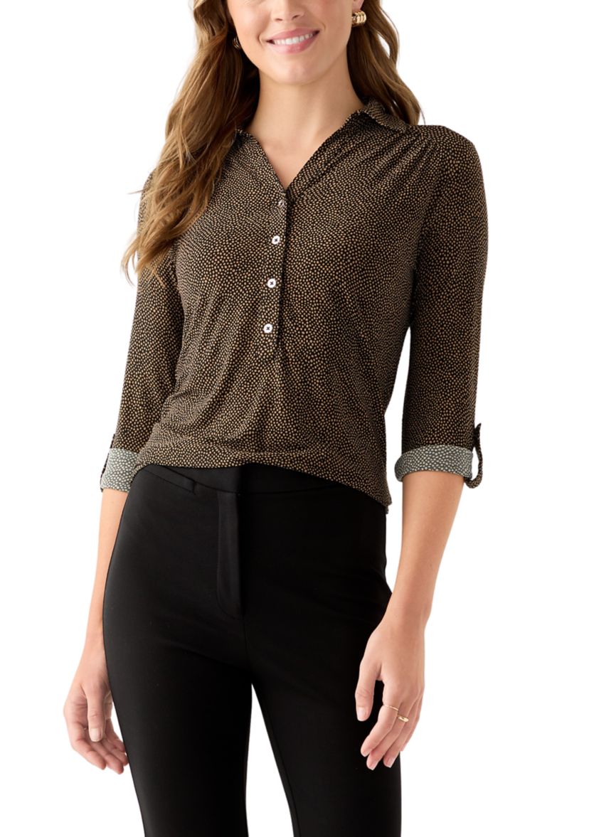 Womens 3/4 Roll Tab Printed Button Down Shirt 