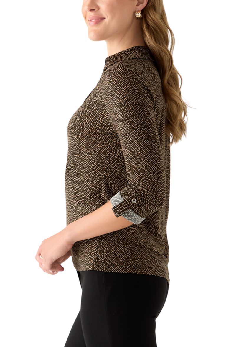 Womens 3/4 Roll Tab Printed Button Down Shirt 