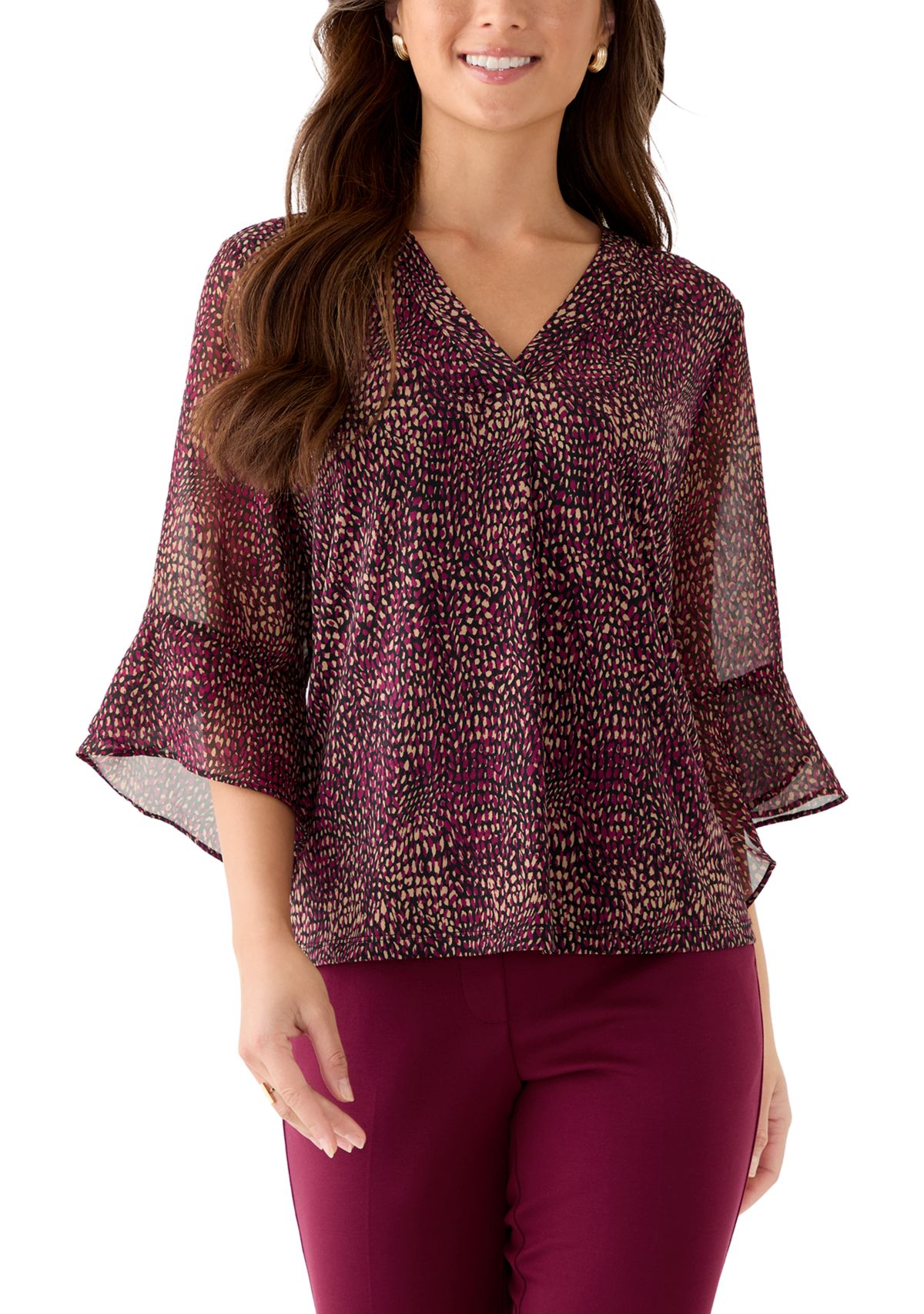 Petite Split Neck Shirt with Bell Sleeves