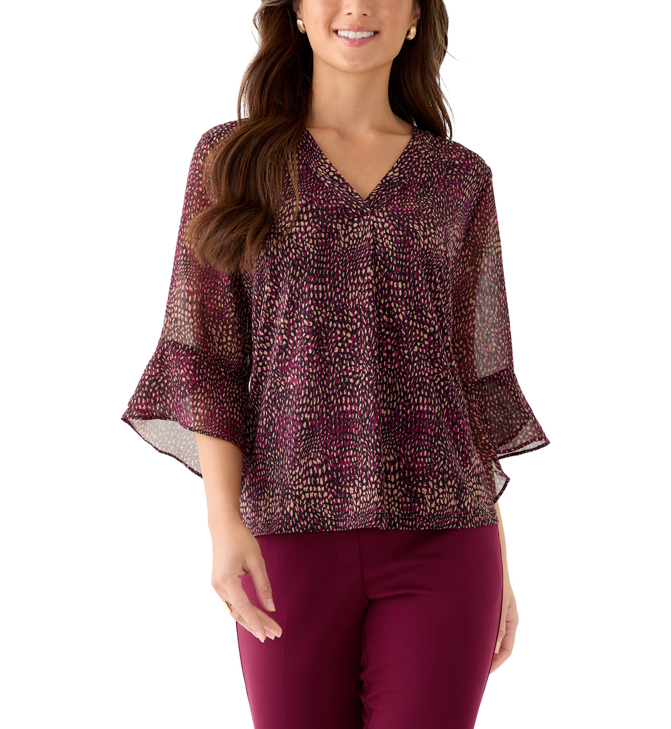 Petite Split Neck Shirt with Bell Sleeves