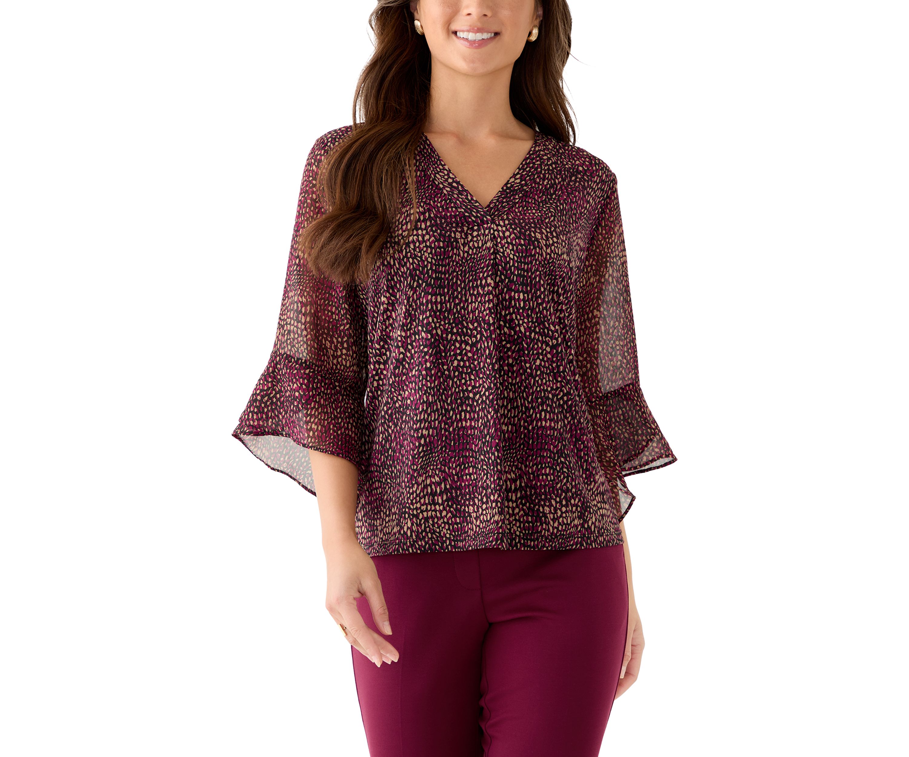 Petite Split Neck Shirt with Bell Sleeves