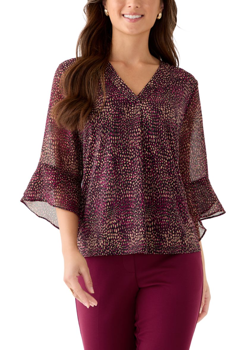 Petite Split Neck Shirt with Bell Sleeves