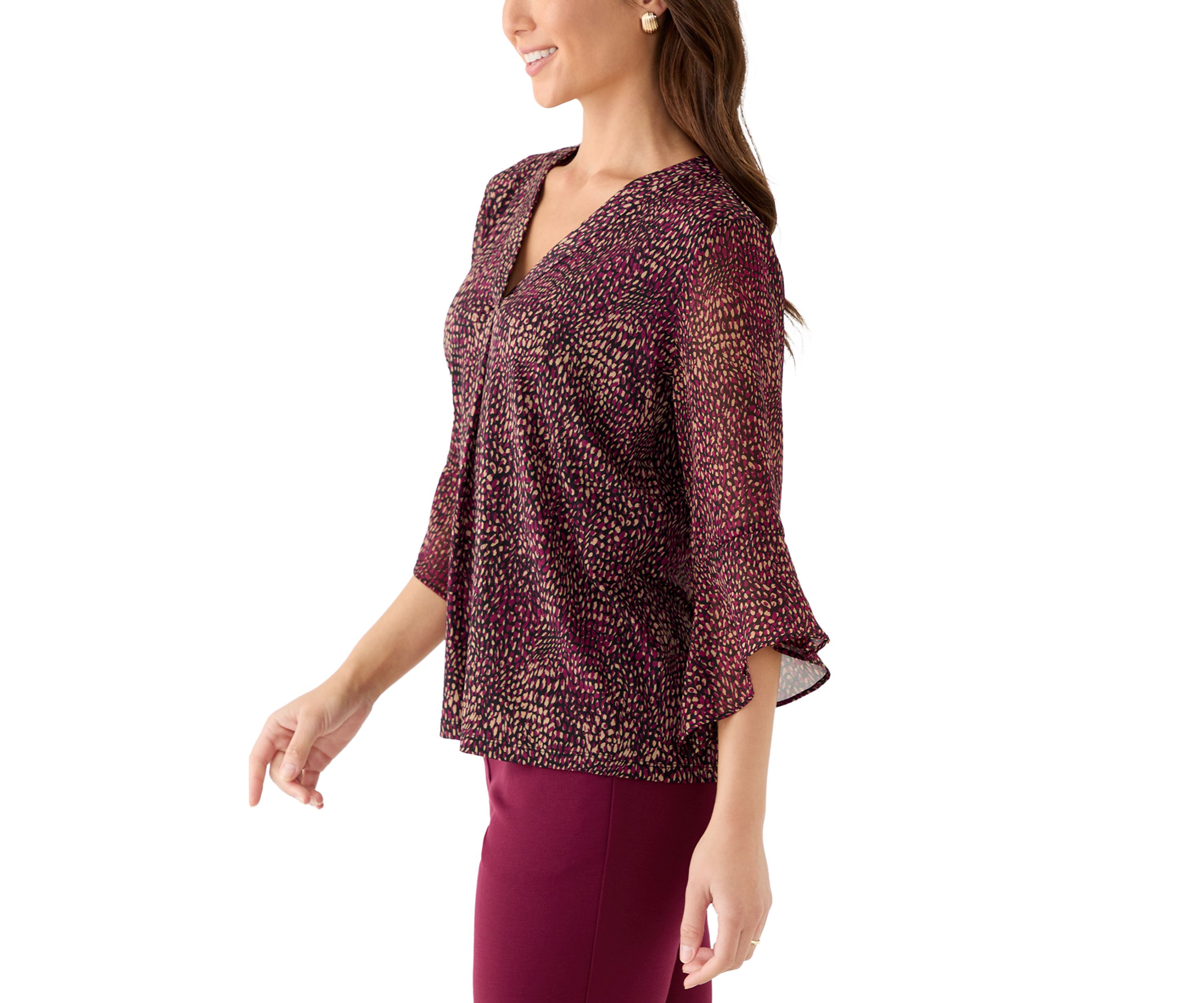 Petite Split Neck Shirt with Bell Sleeves