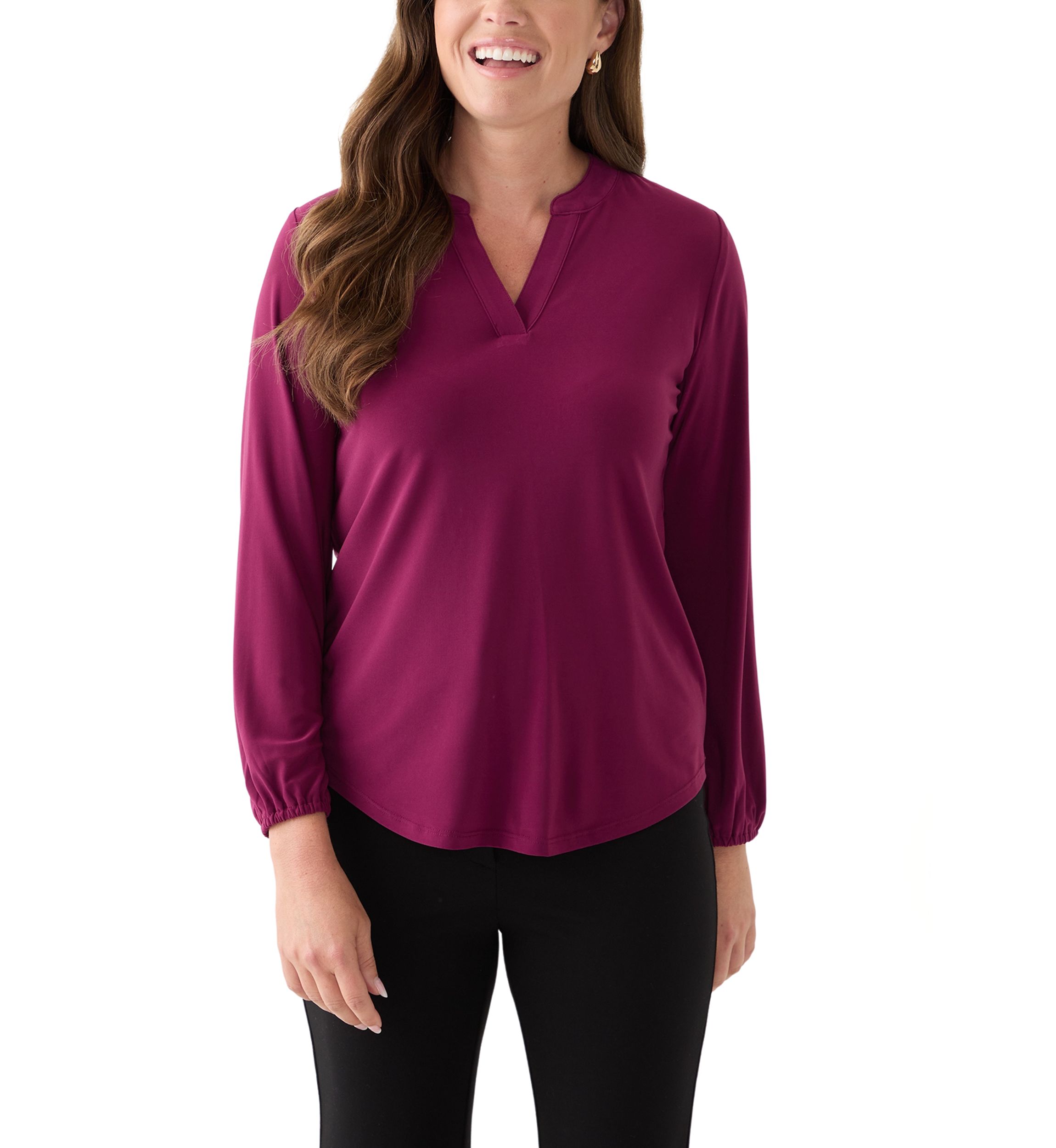 Petite Chianti Long Sleeve Split Neck Blouse