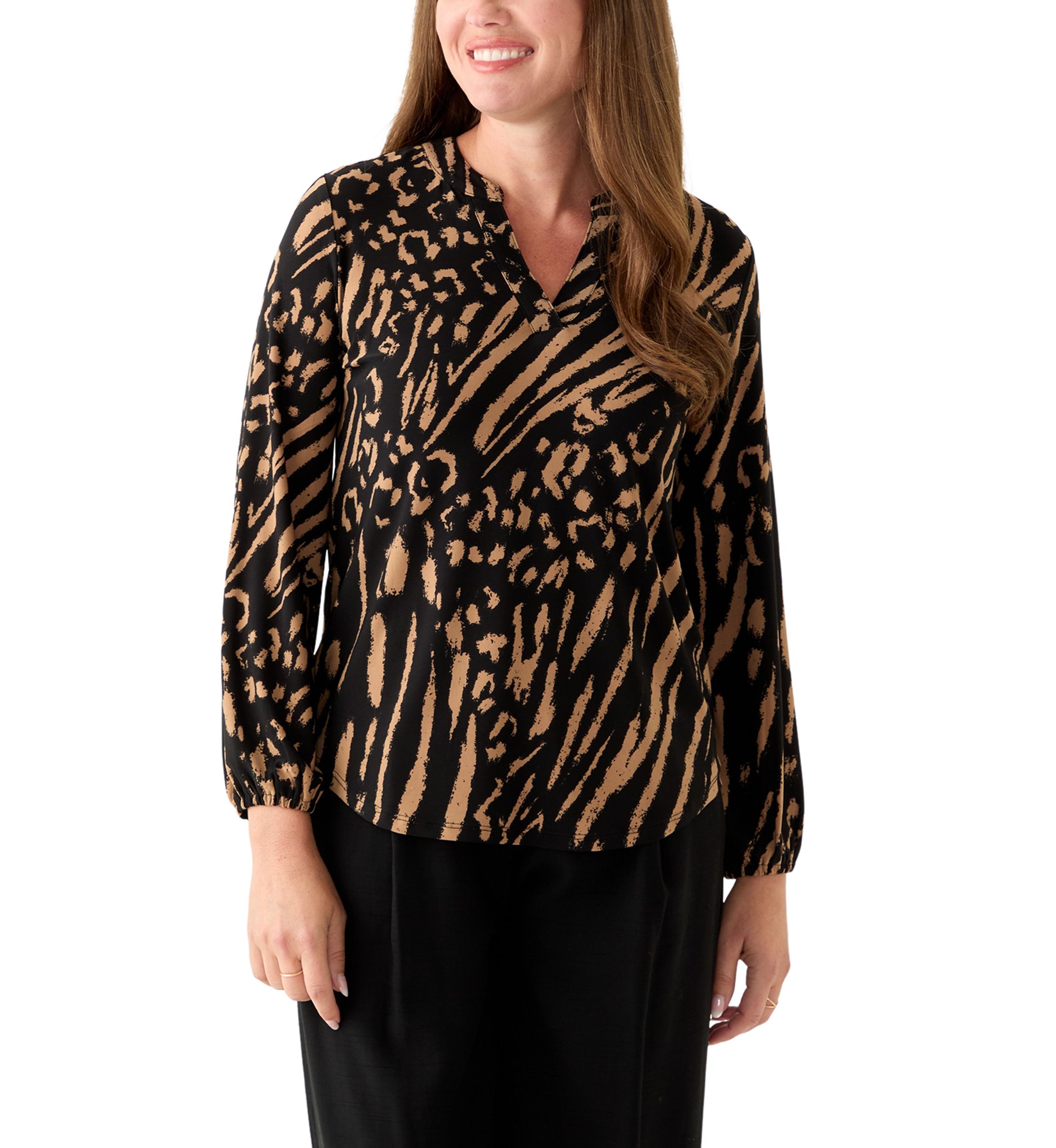 Petite Long Sleeve Split Neck Blouse