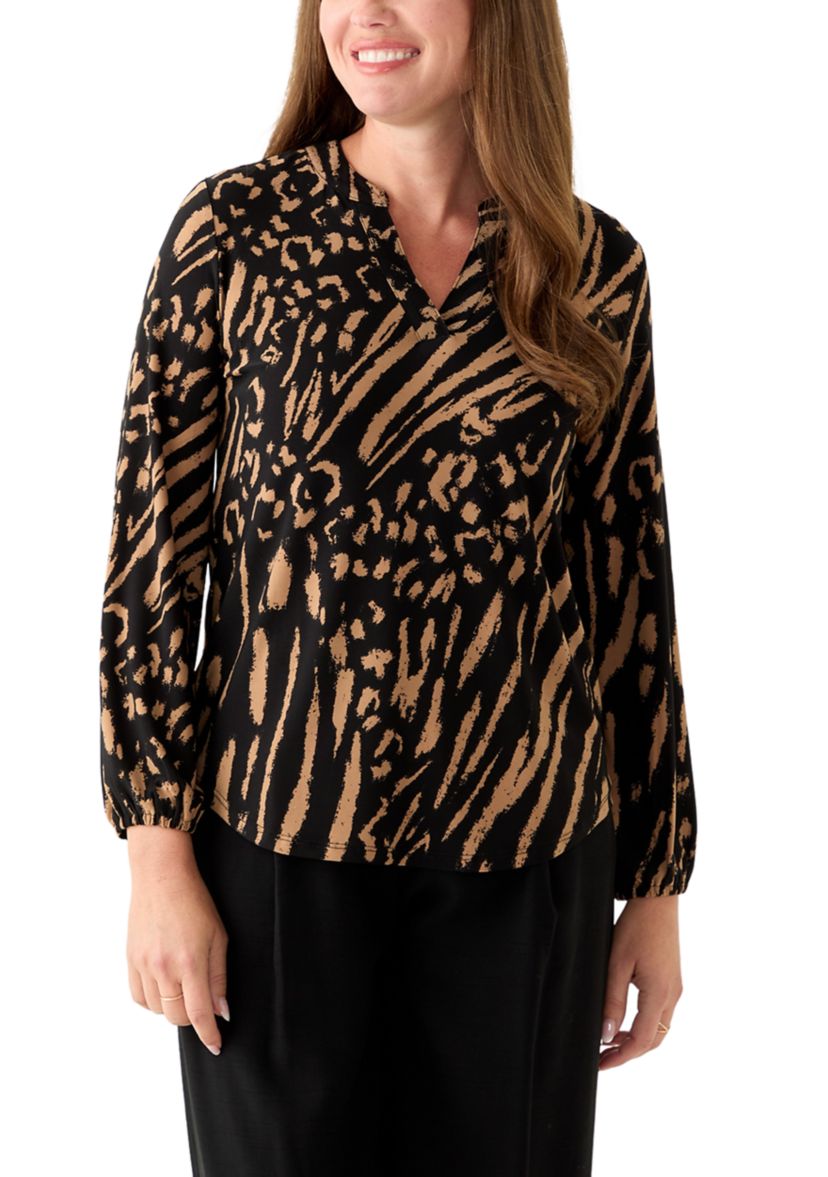 Petite Long Sleeve Split Neck Blouse