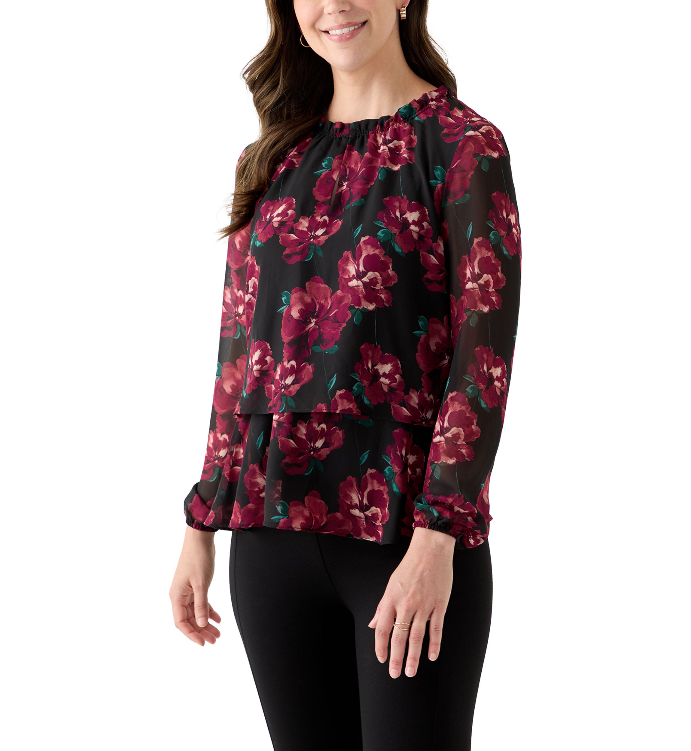 Womens Tiered Mock Neck Long Sleeve Shirt