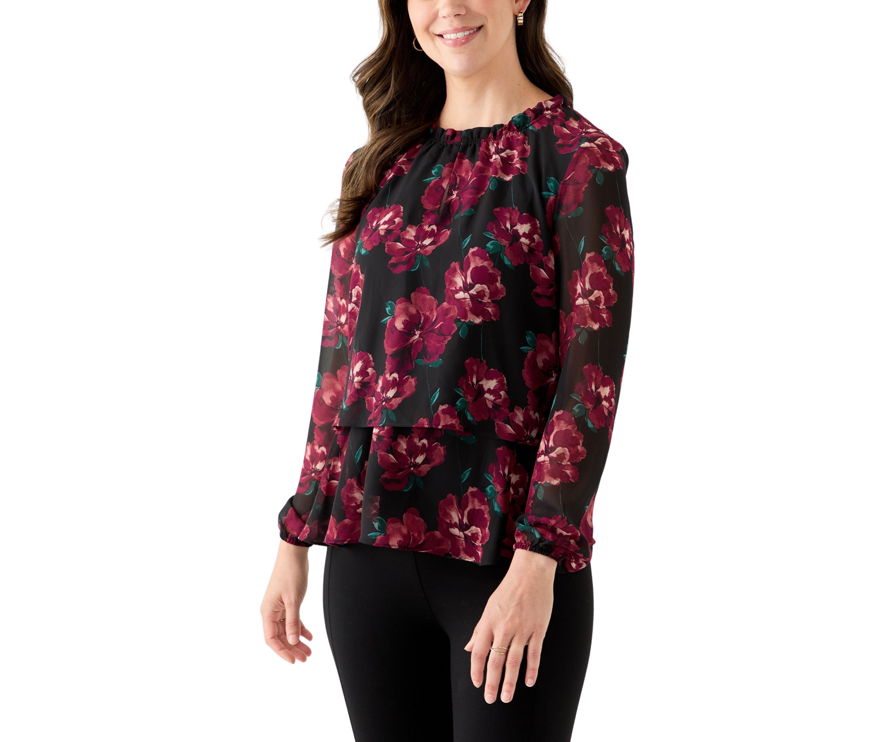 Womens Tiered Mock Neck Long Sleeve Shirt