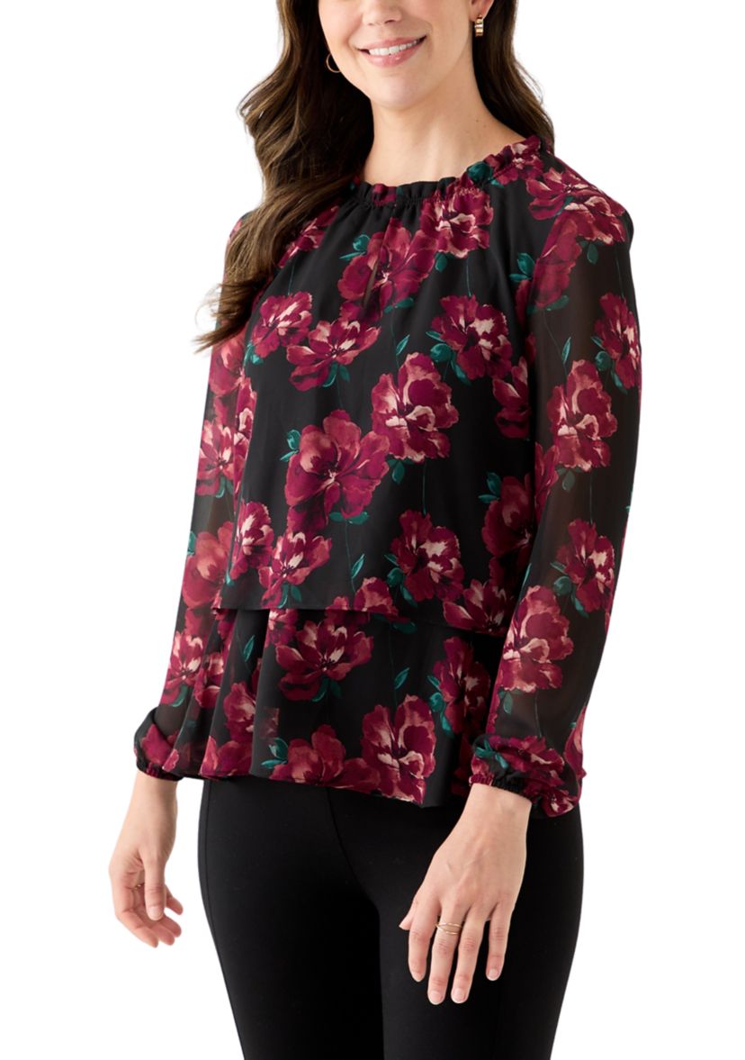 Womens Tiered Mock Neck Long Sleeve Shirt