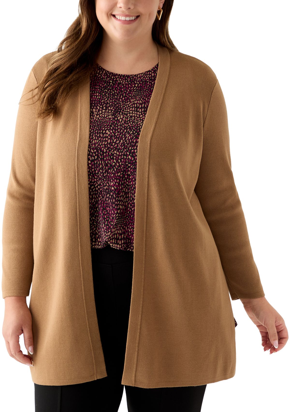 Plus Size Long Open Front Cardigan with Side Slits 