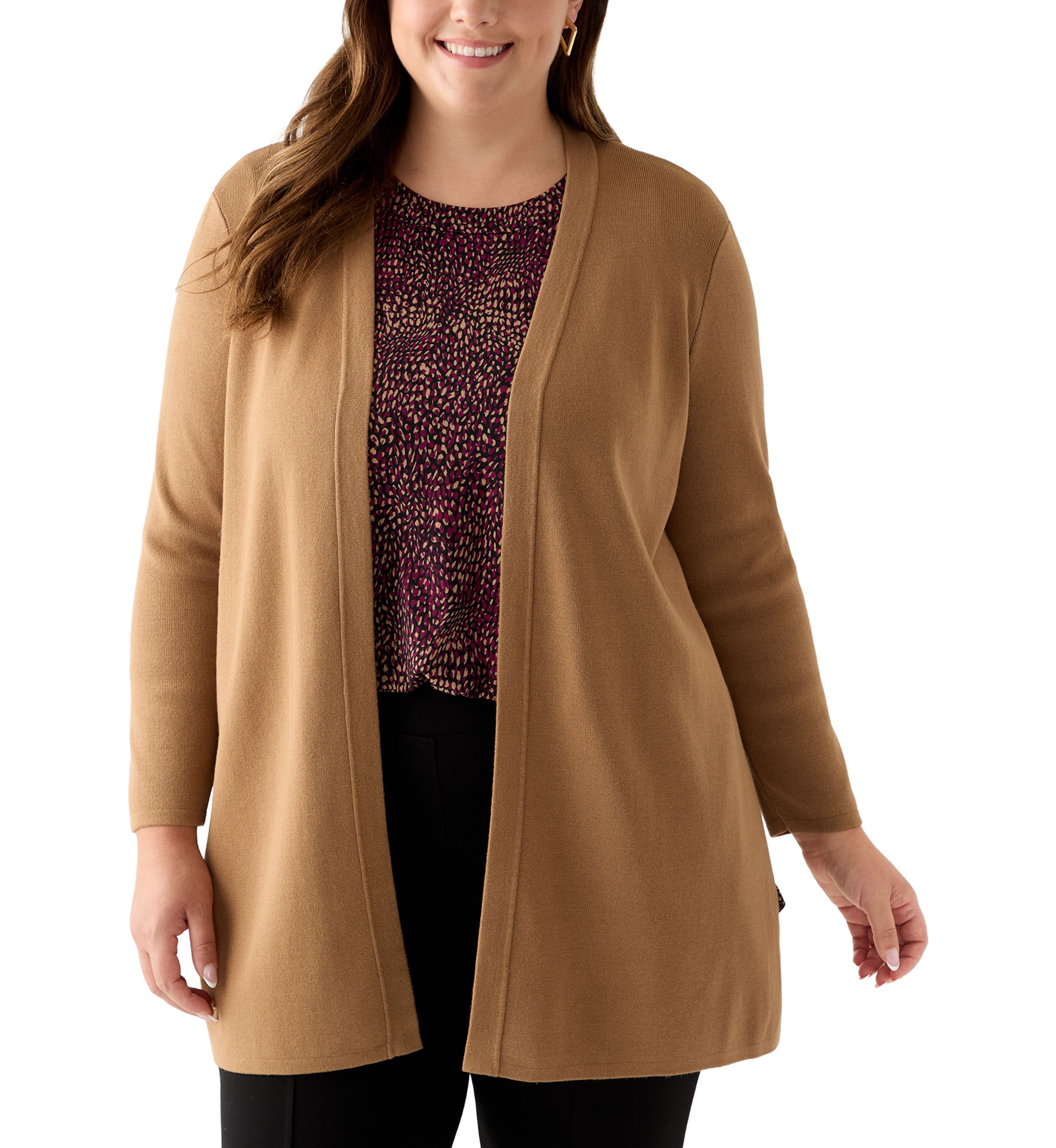Plus Size Long Open Front Cardigan with Side Slits 