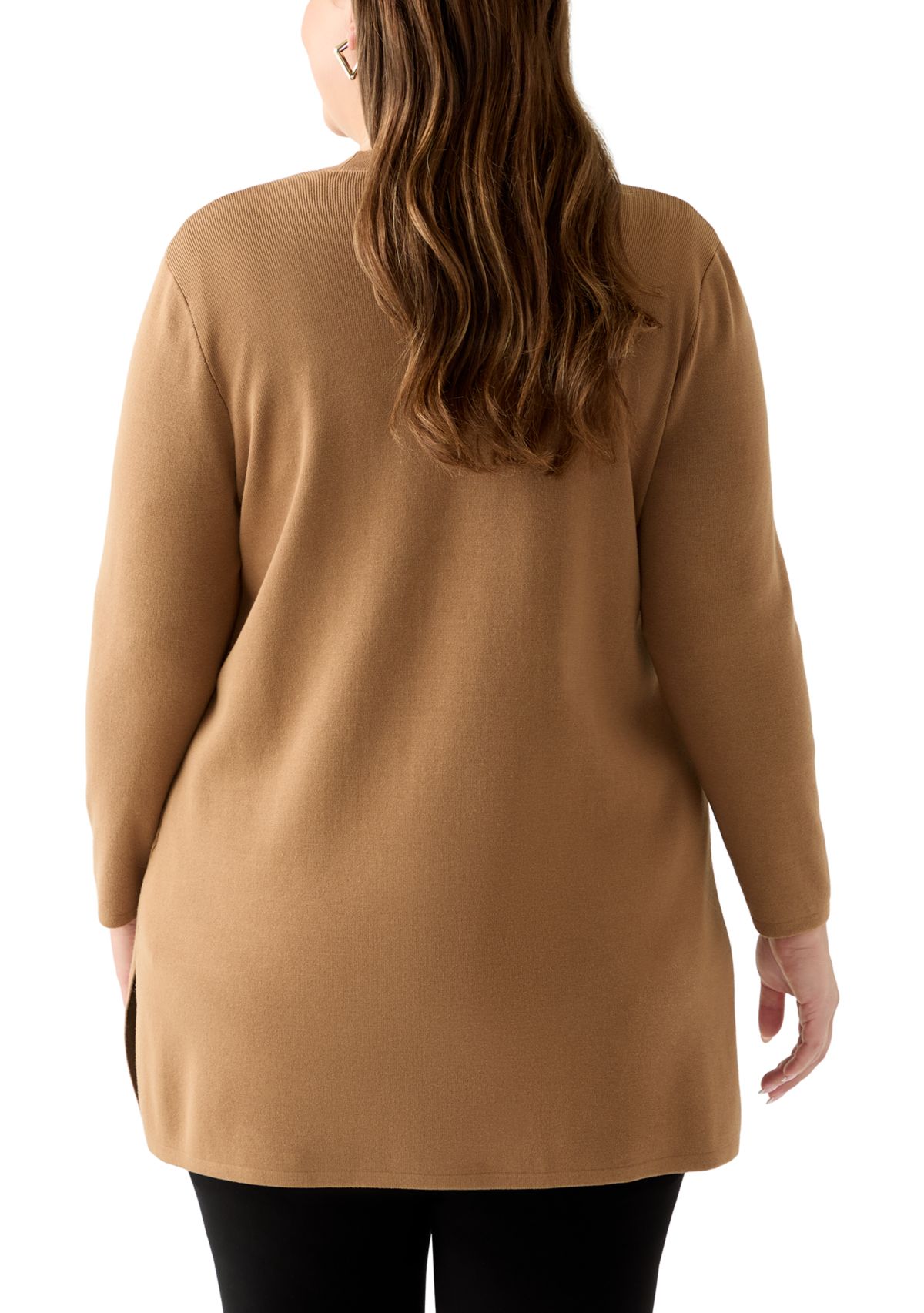 Plus Size Long Open Front Cardigan with Side Slits 