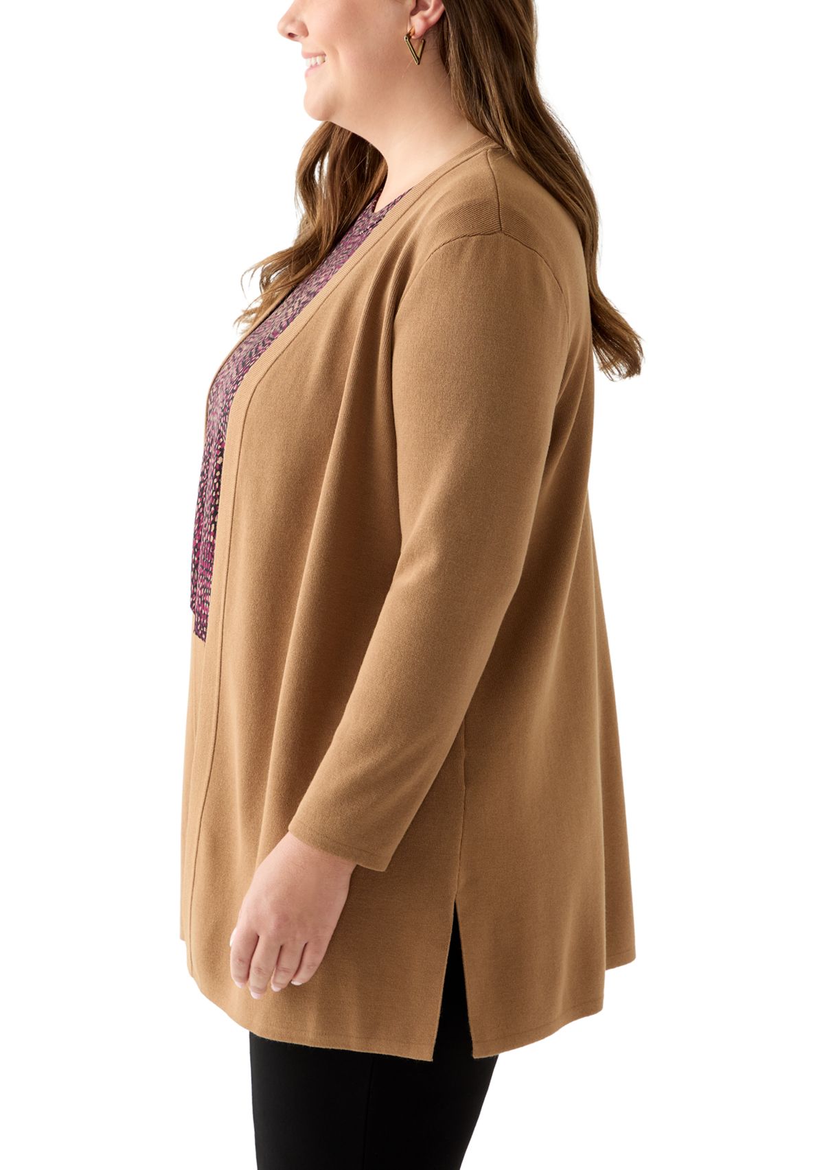 Plus Size Long Open Front Cardigan with Side Slits 