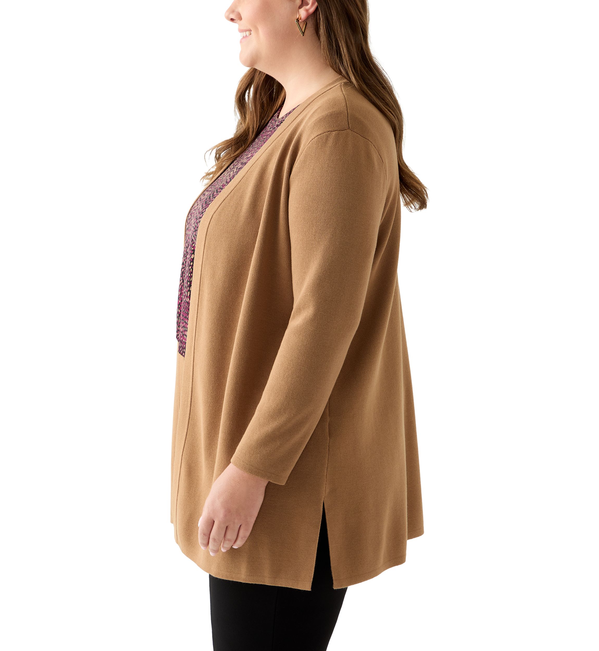 Plus Size Long Open Front Cardigan with Side Slits 