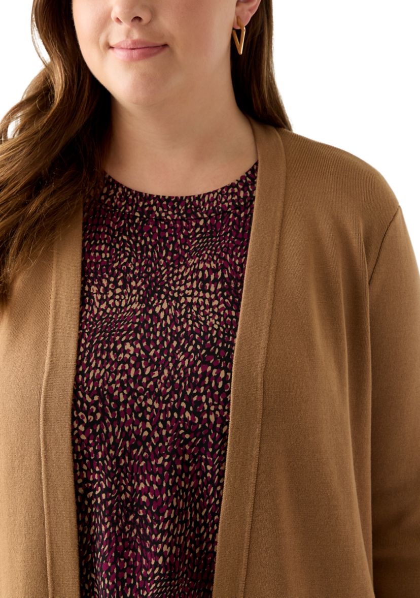 Plus Size Long Open Front Cardigan with Side Slits 