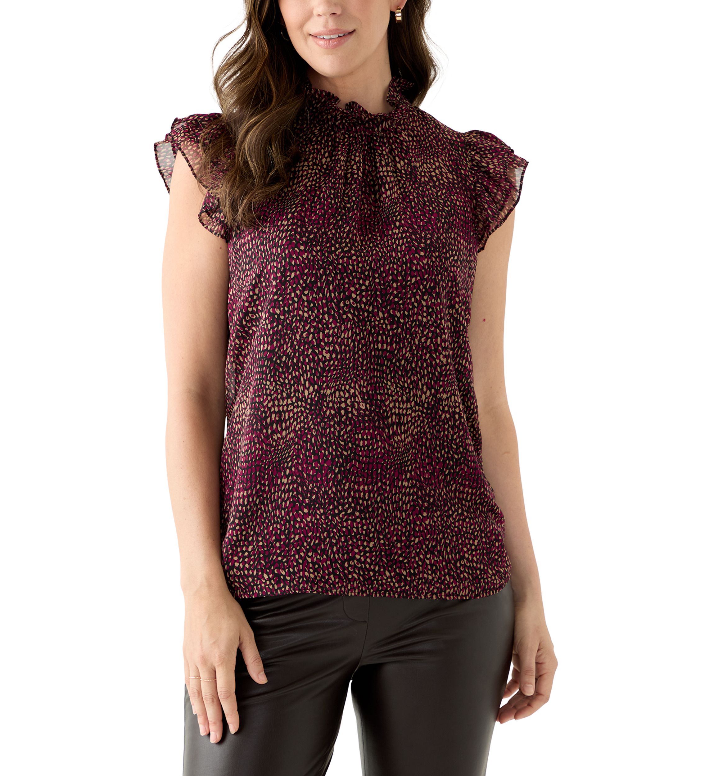 Womens Ruffle Neck Blouse with Short Flare Sleeves