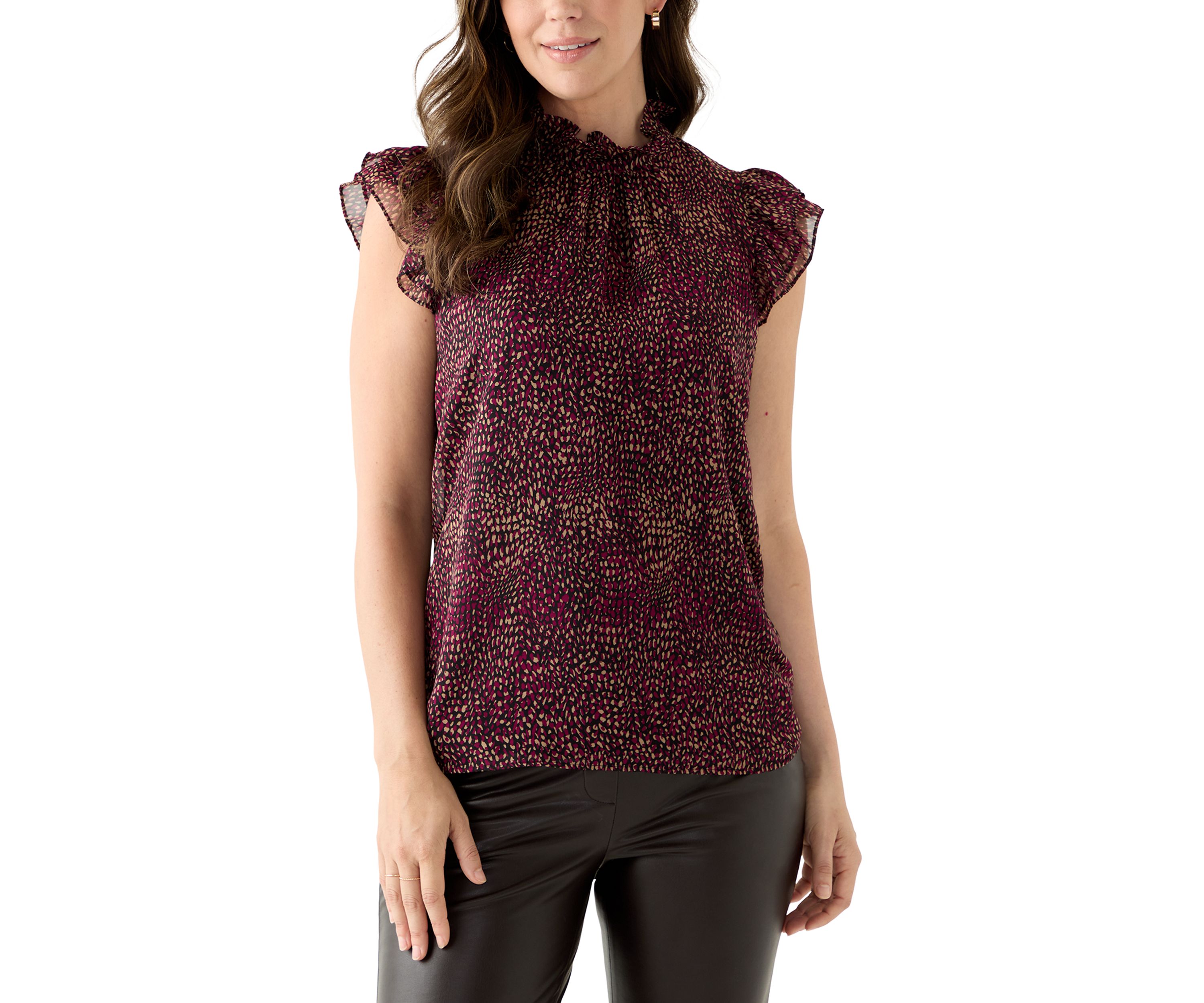 Womens Ruffle Neck Blouse with Short Flare Sleeves