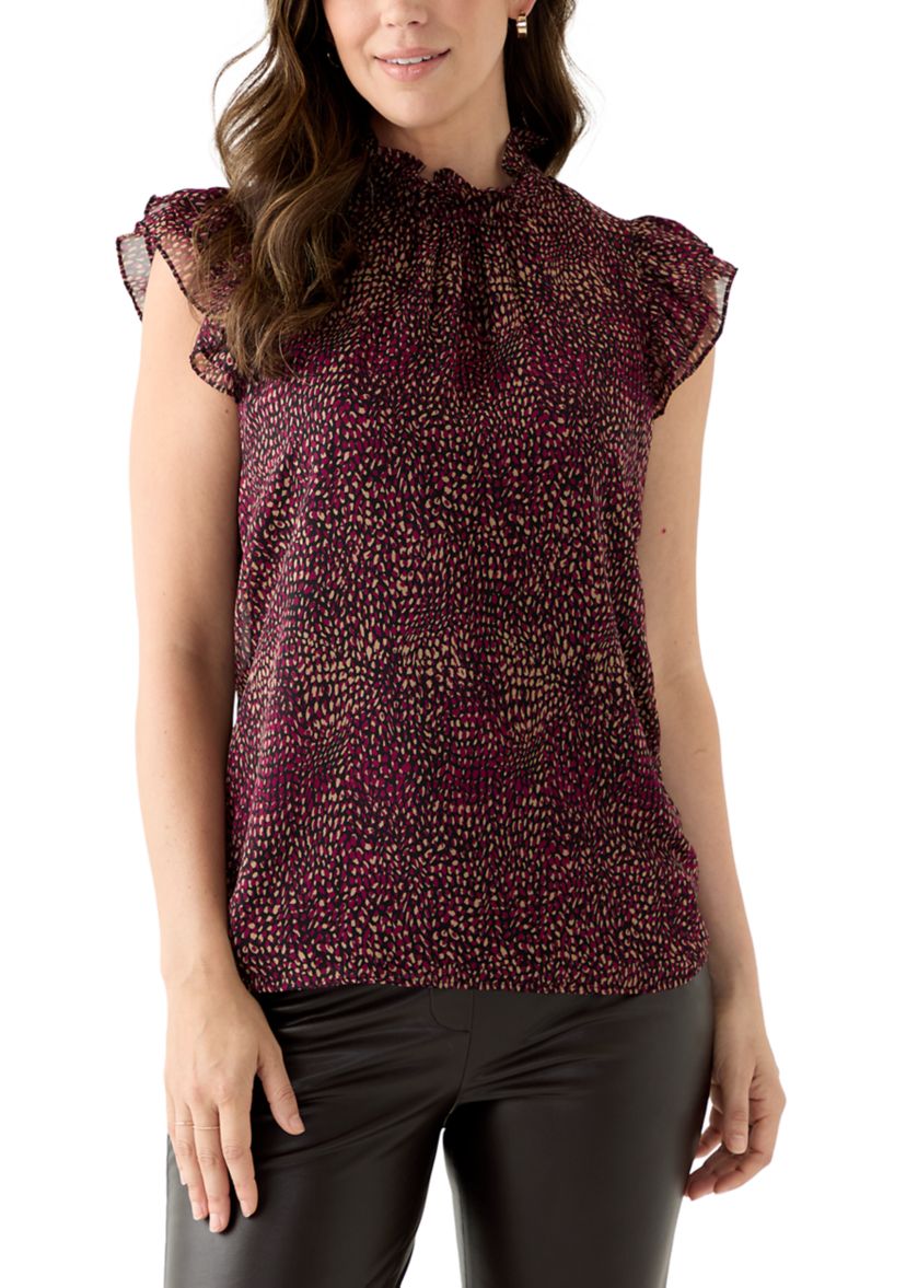 Womens Ruffle Neck Blouse with Short Flare Sleeves