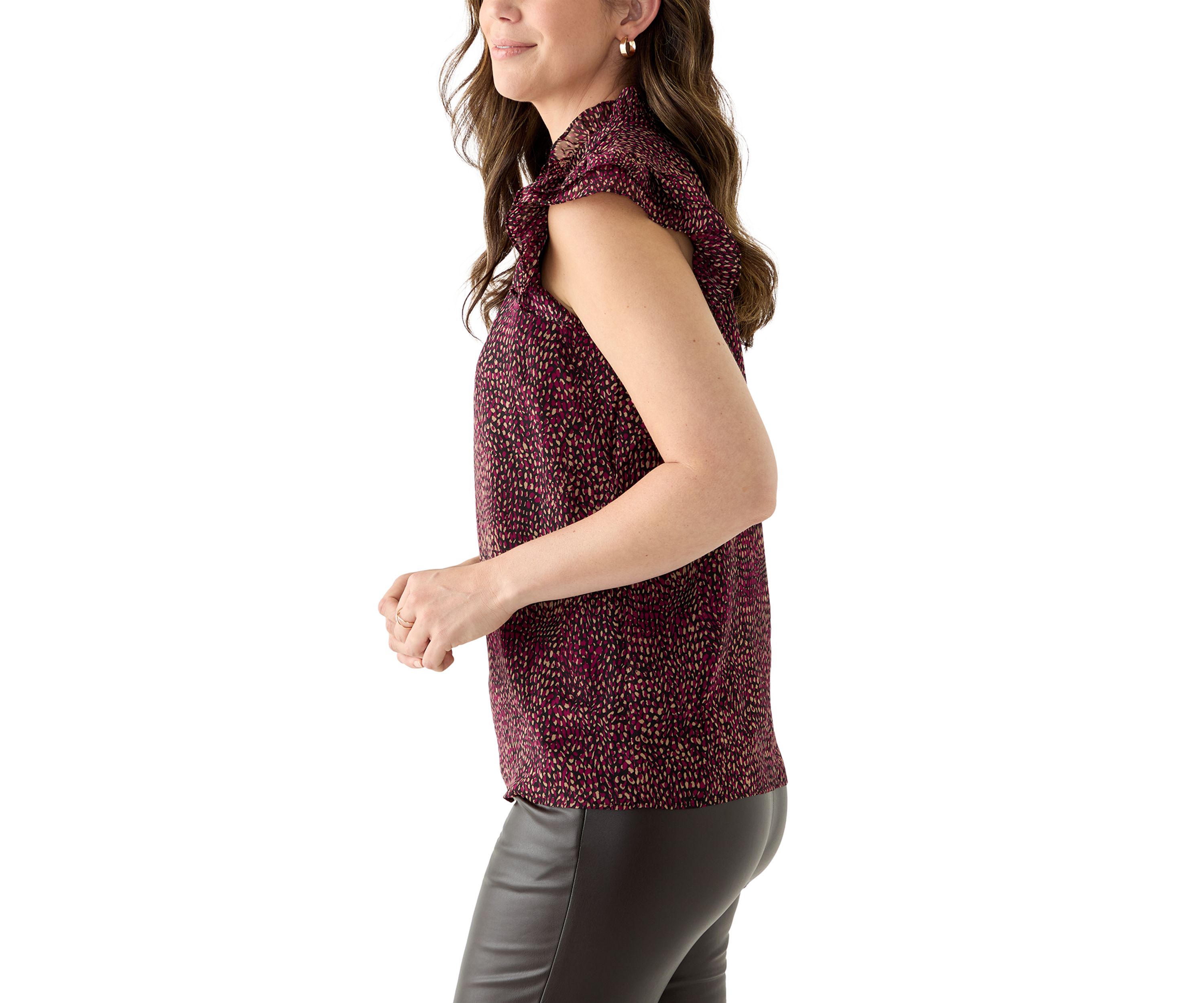 Womens Ruffle Neck Blouse with Short Flare Sleeves