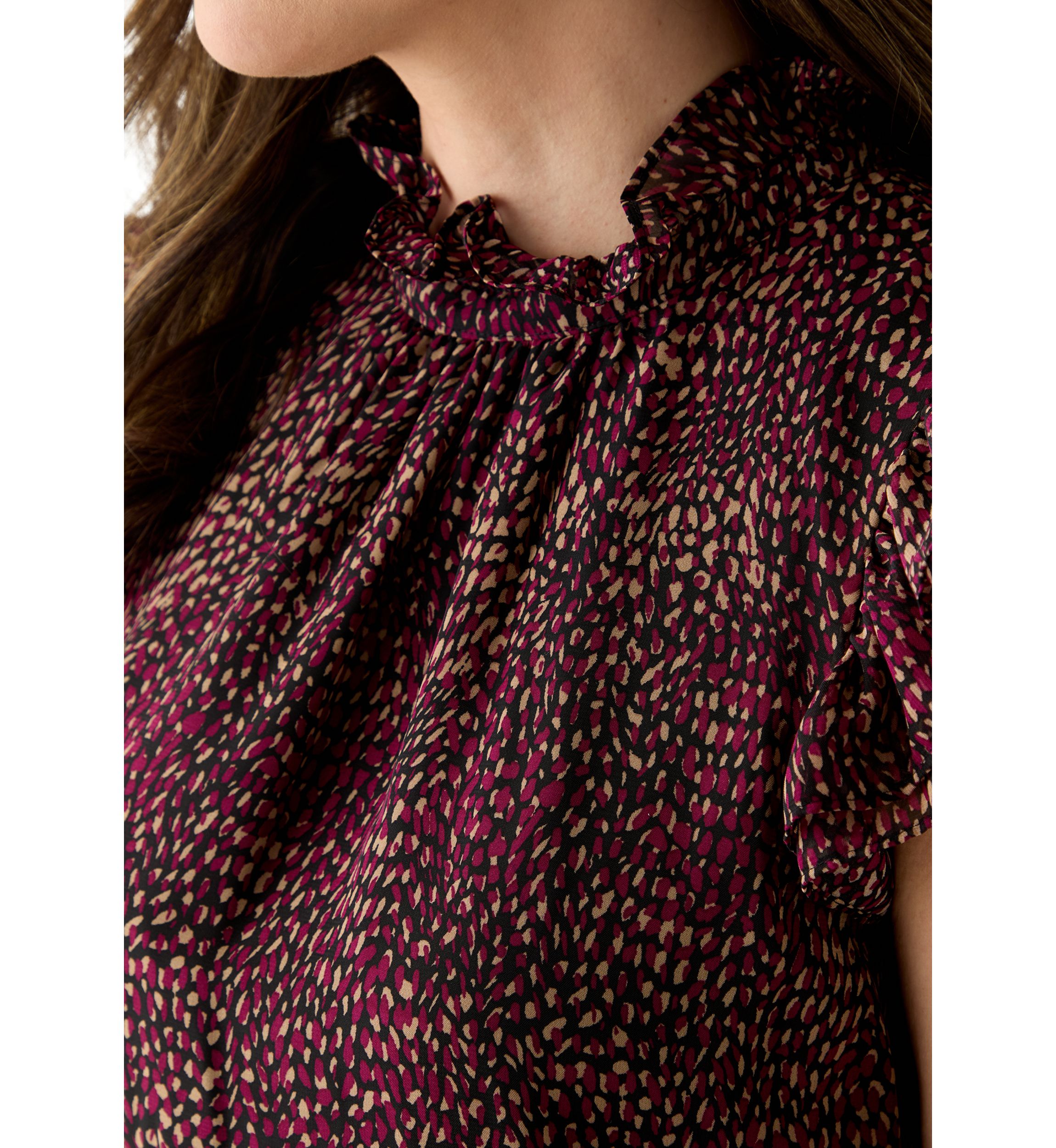 Womens Ruffle Neck Blouse with Short Flare Sleeves