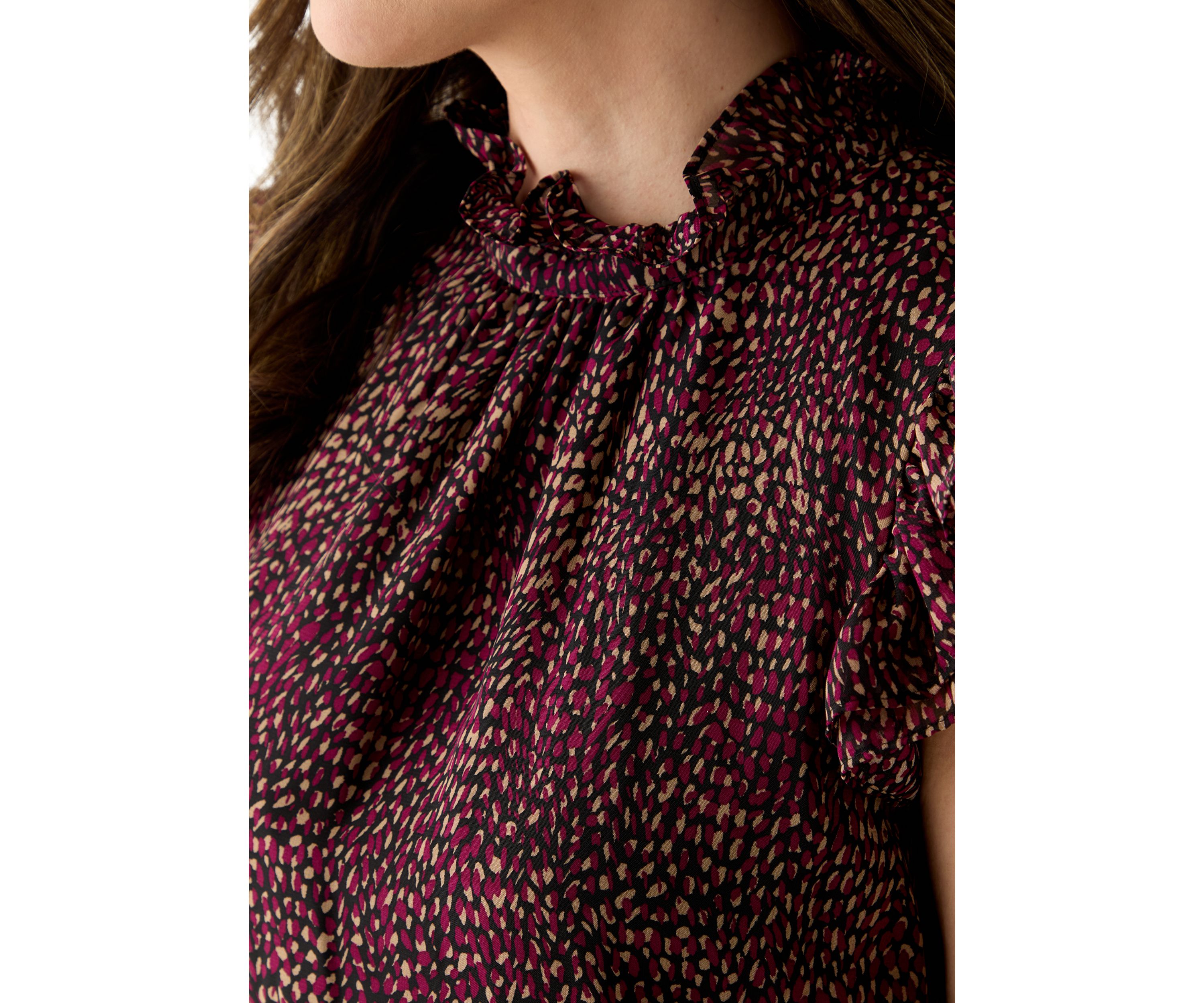 Womens Ruffle Neck Blouse with Short Flare Sleeves