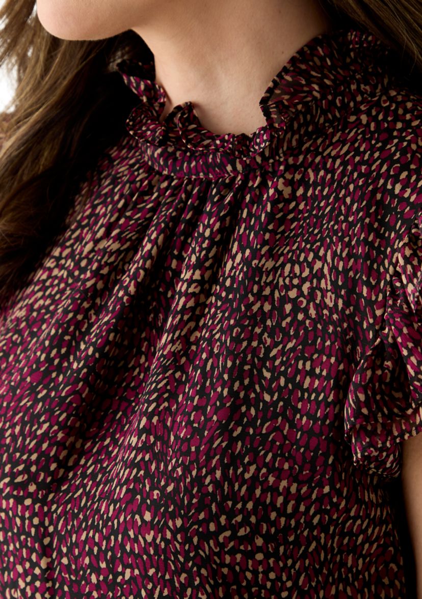 Womens Ruffle Neck Blouse with Short Flare Sleeves