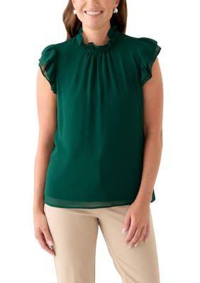 AK Anne Klein Women's Petite Jewel Neck Flutter Sleeve Blouse