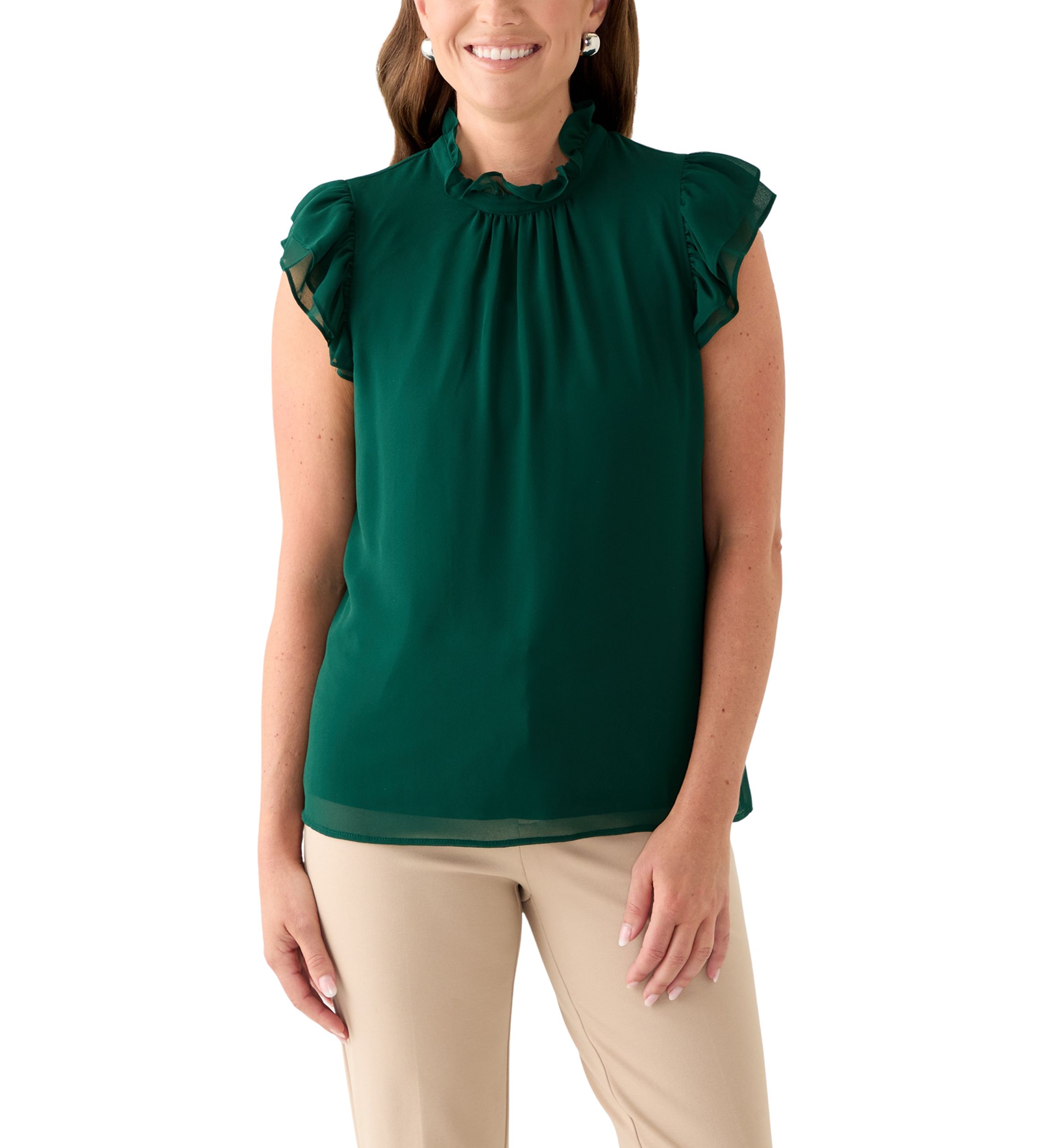 Petite Jewel Neck Flutter Sleeve Blouse