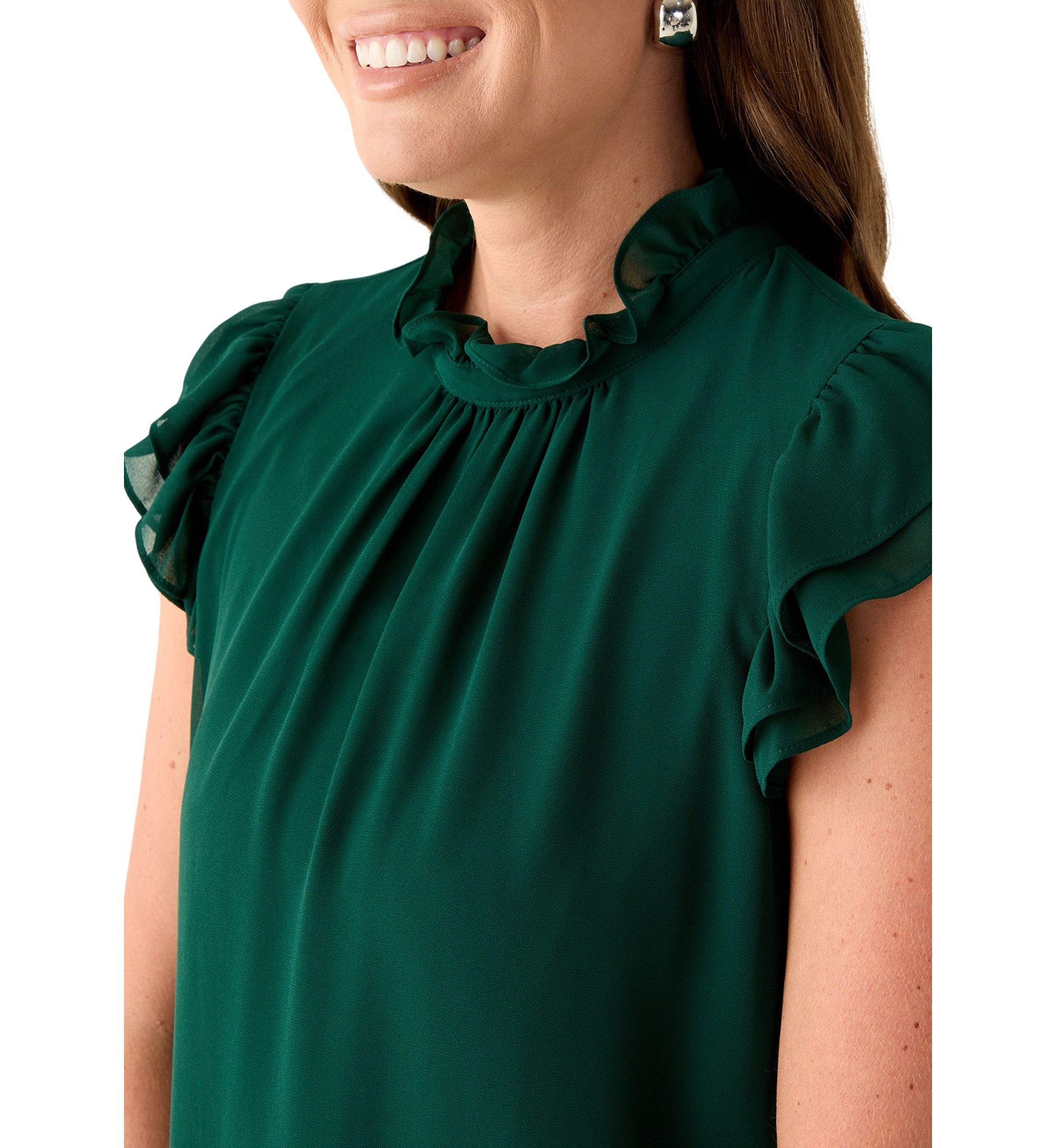 Petite Jewel Neck Flutter Sleeve Blouse