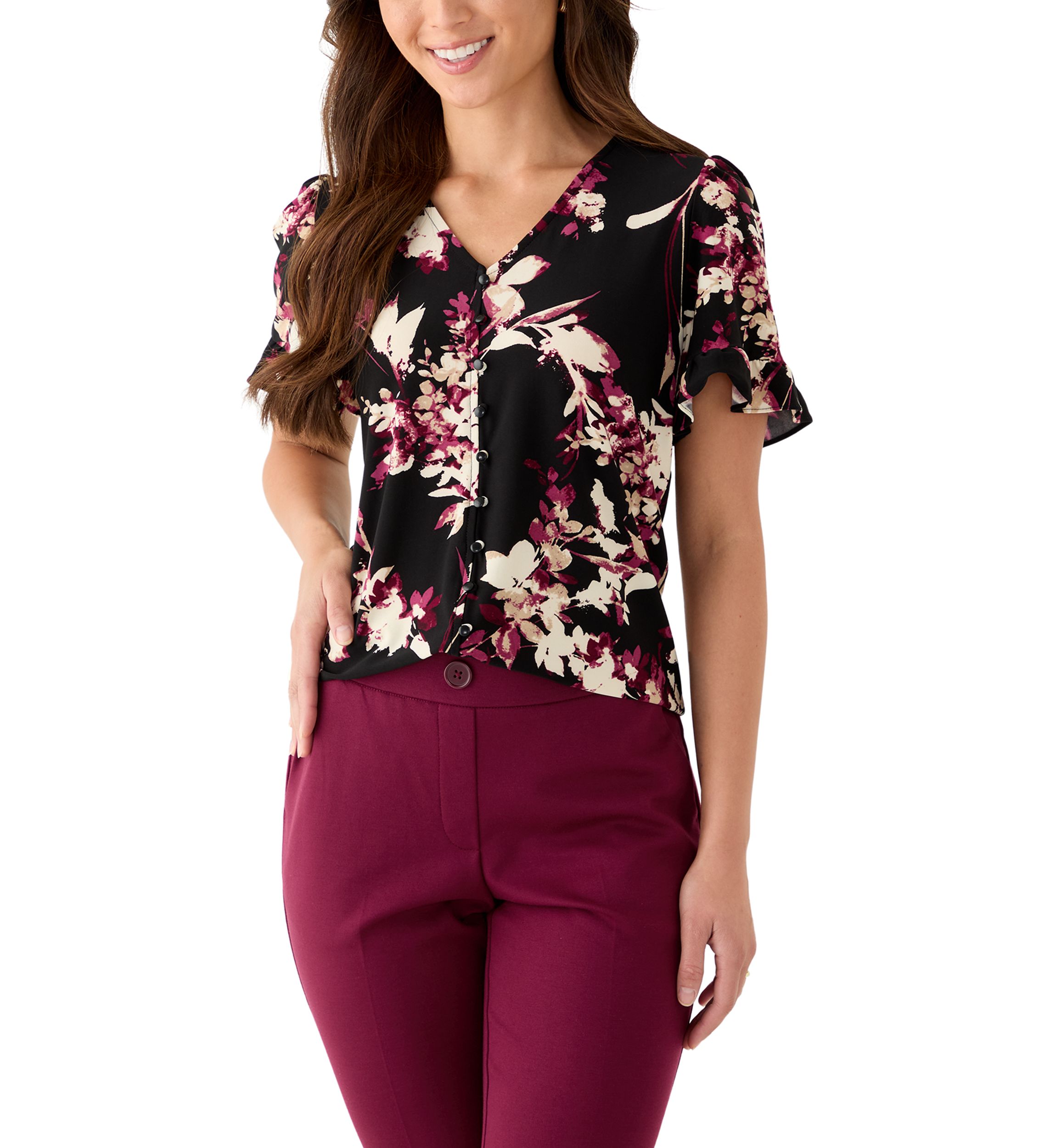 Petite Ruffle Sleeve Printed Shirt