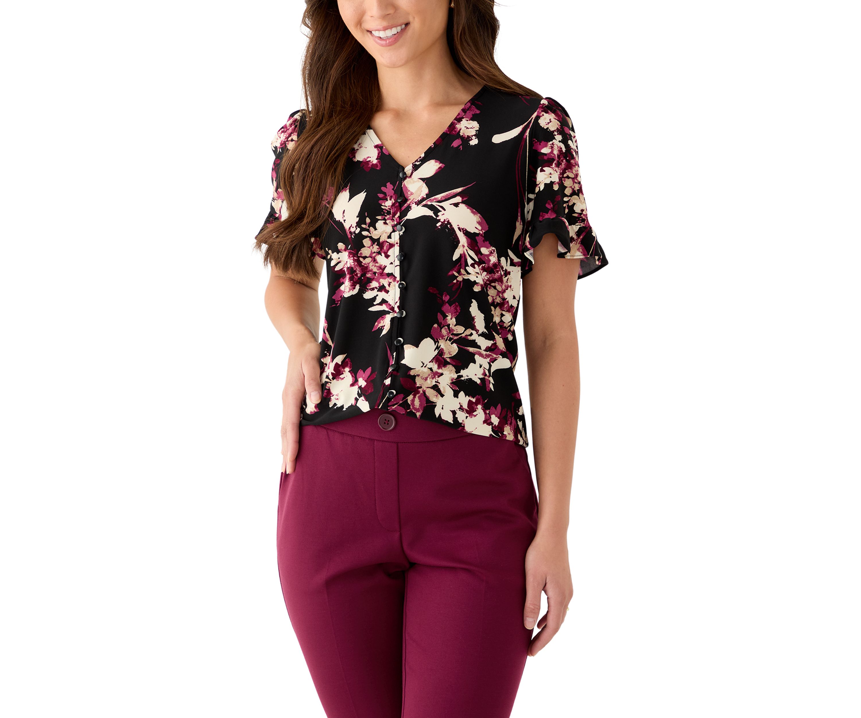 Petite Ruffle Sleeve Printed Shirt