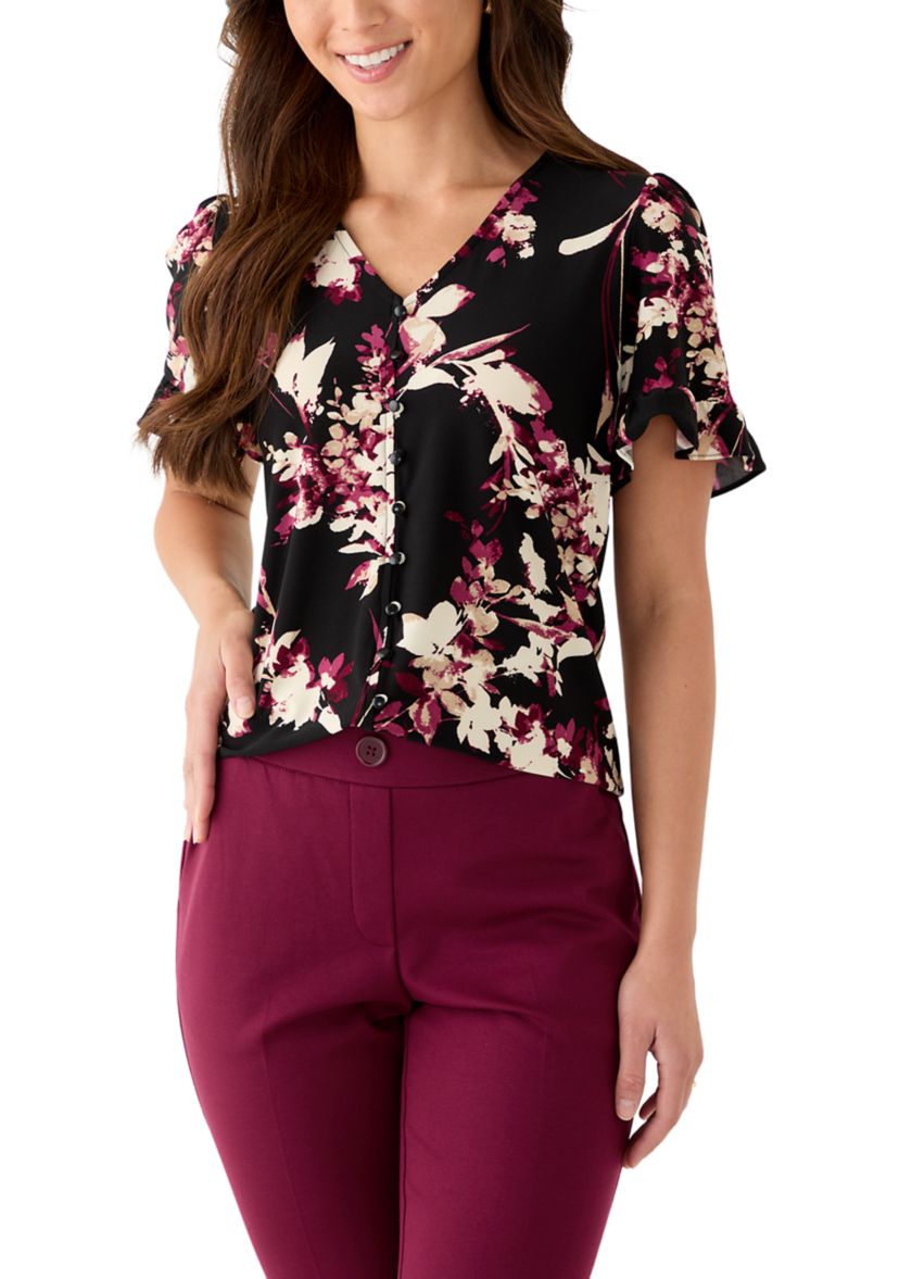 Petite Ruffle Sleeve Printed Shirt