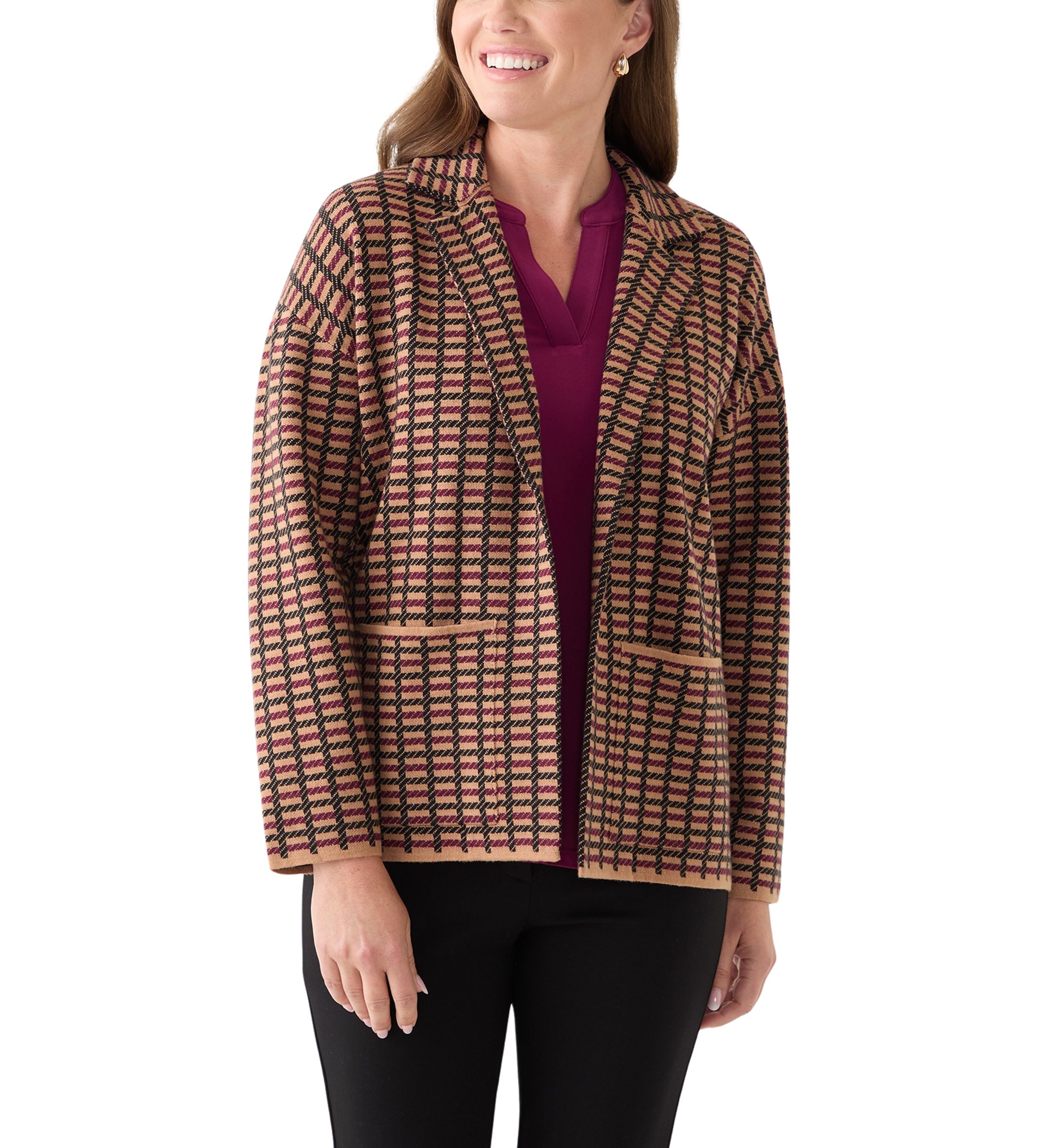 Petite Check Open Front Jacket