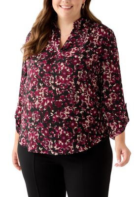 AK Anne Klein Women's Plus Size Long Roll Tab Sleeve Printed Colllared Shirt