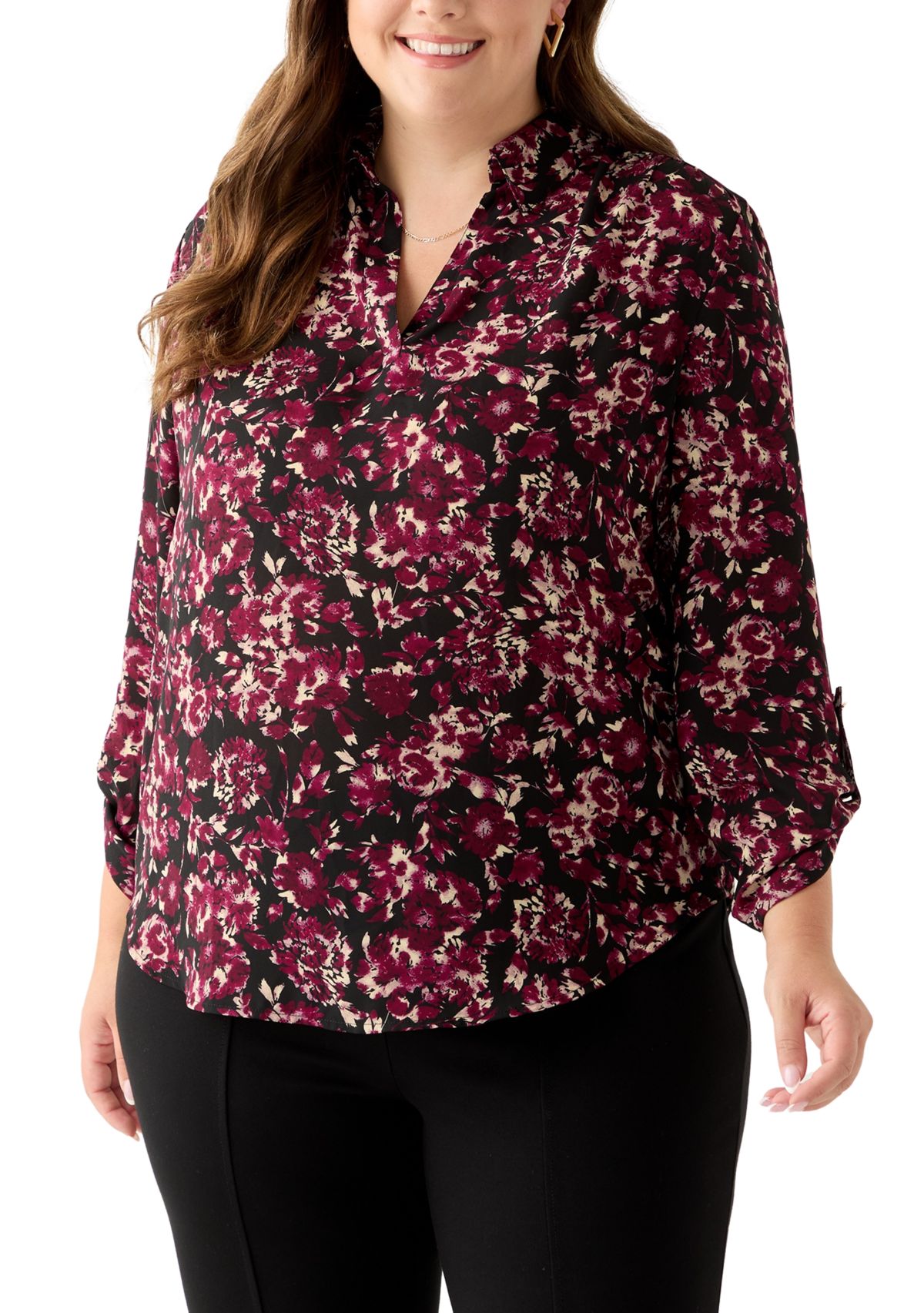 Plus Size Long Roll Tab Sleeve Printed Colllared Shirt