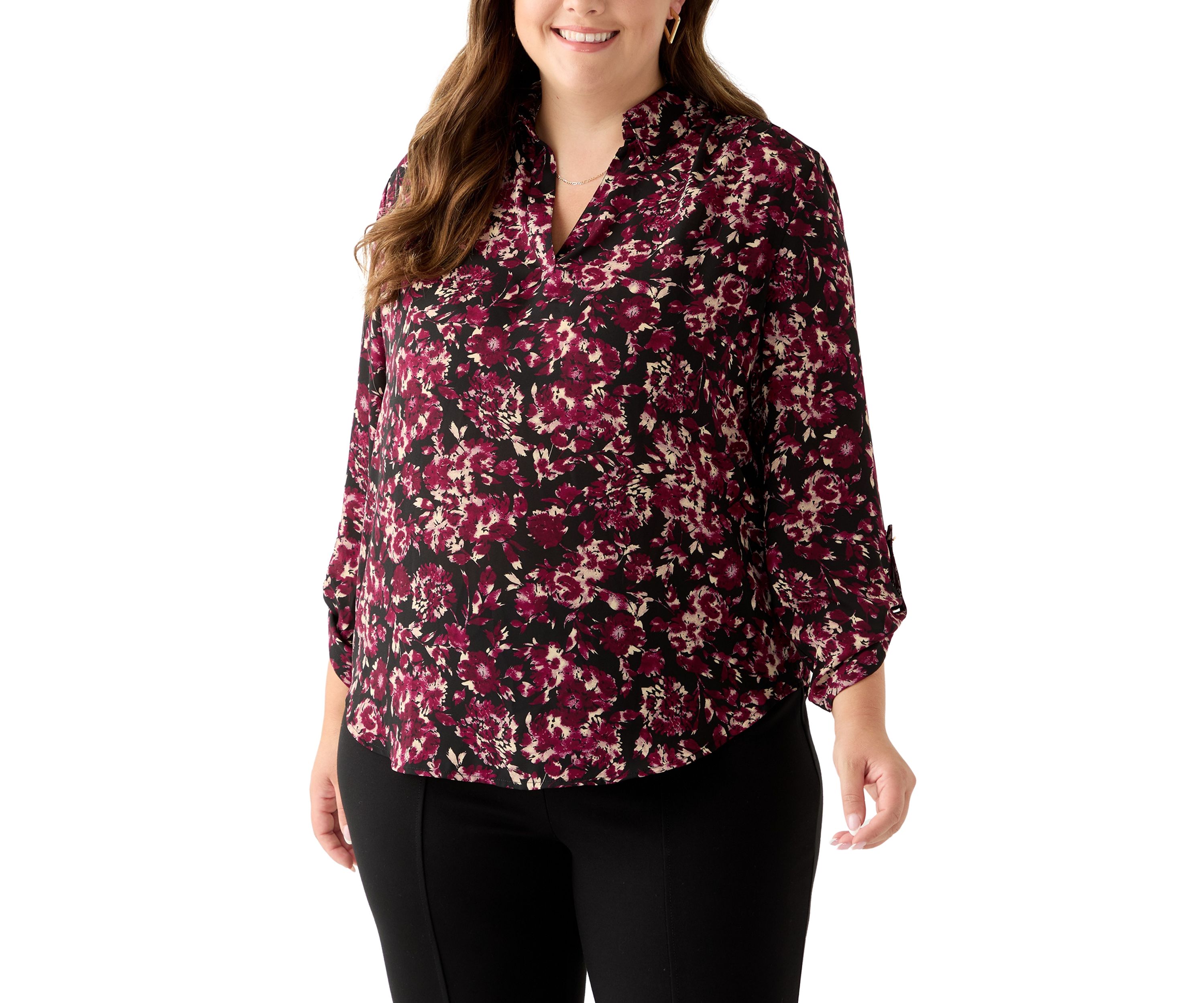 Plus Size Long Roll Tab Sleeve Printed Colllared Shirt