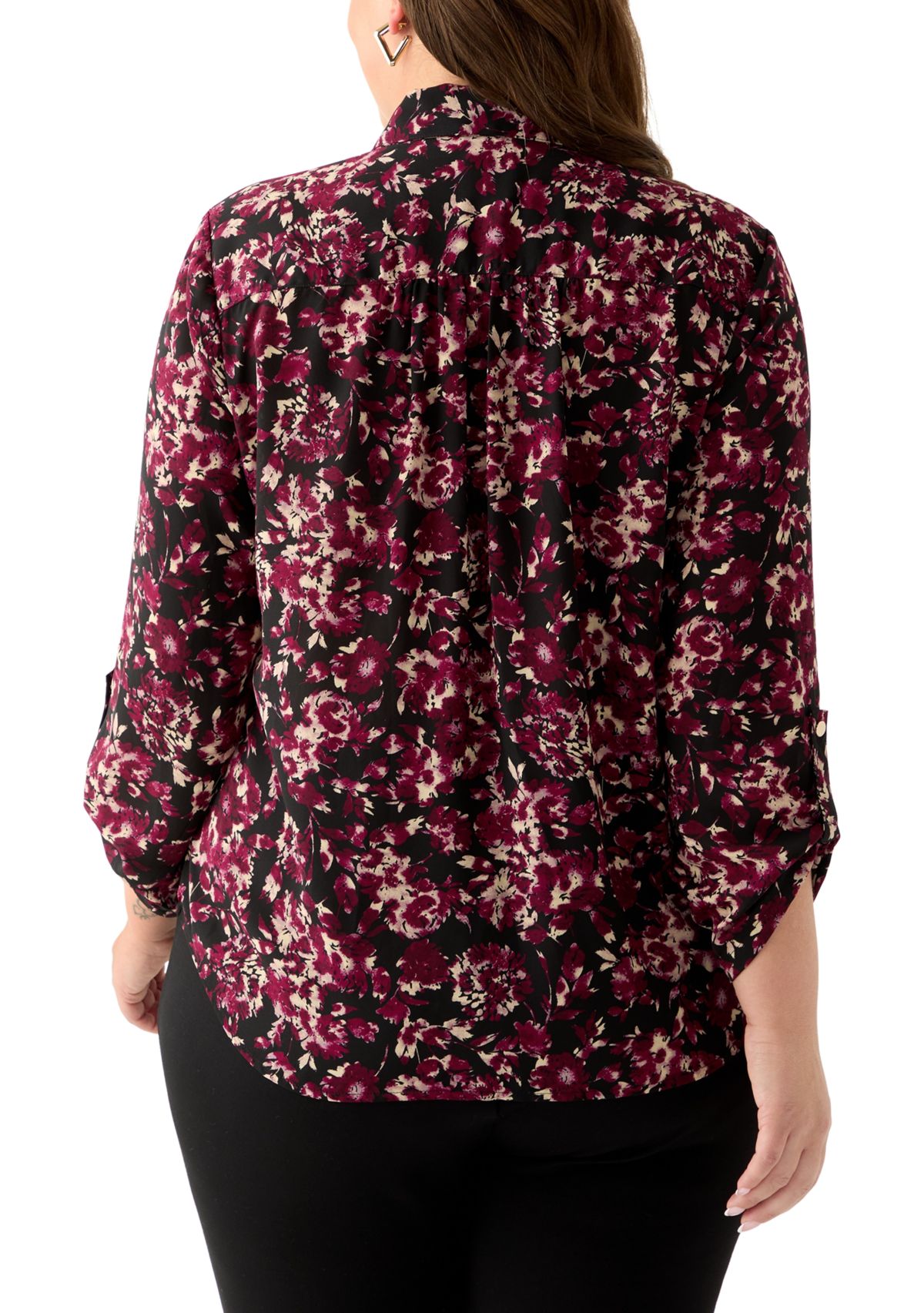 Plus Size Long Roll Tab Sleeve Printed Colllared Shirt