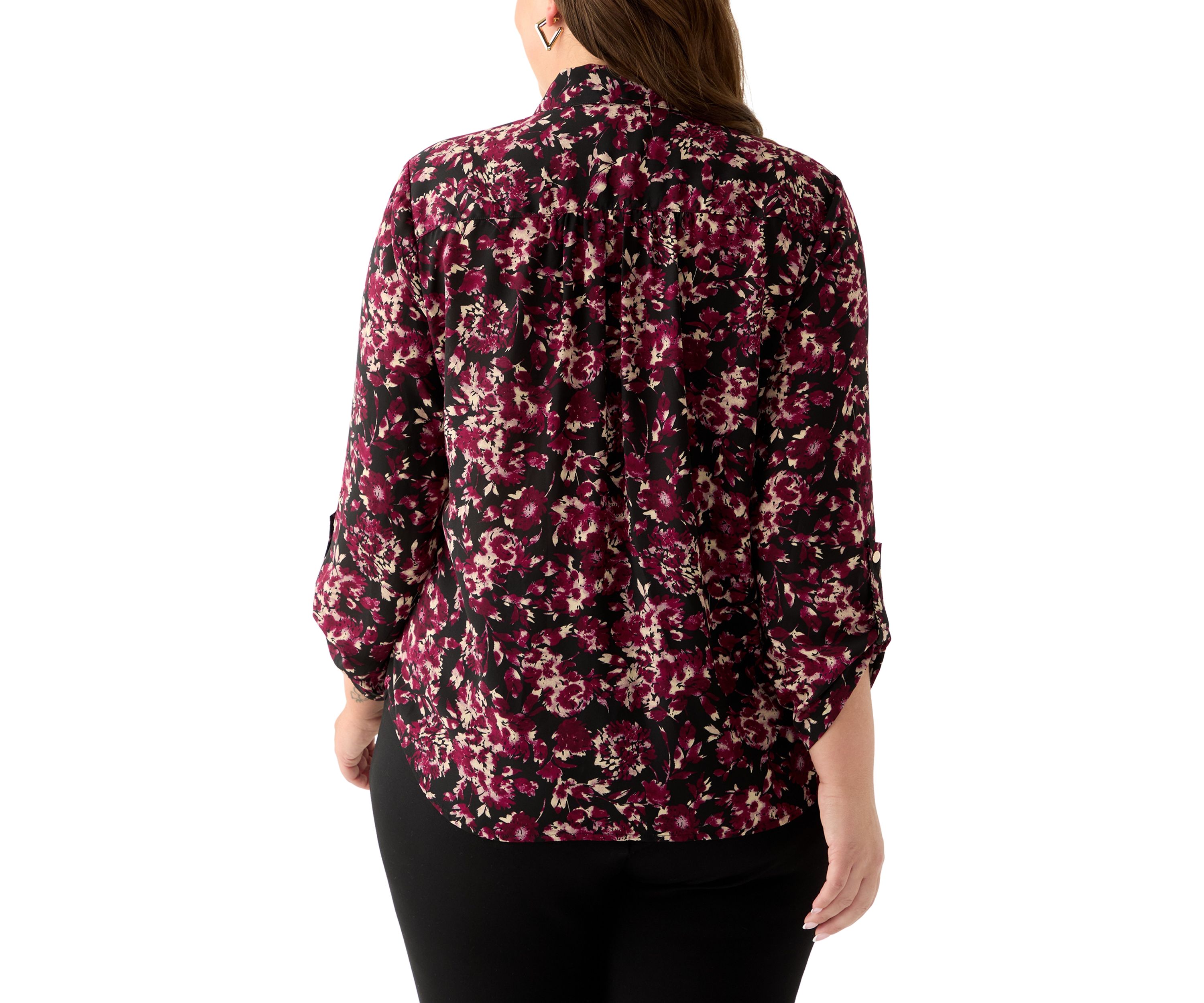 Plus Size Long Roll Tab Sleeve Printed Colllared Shirt