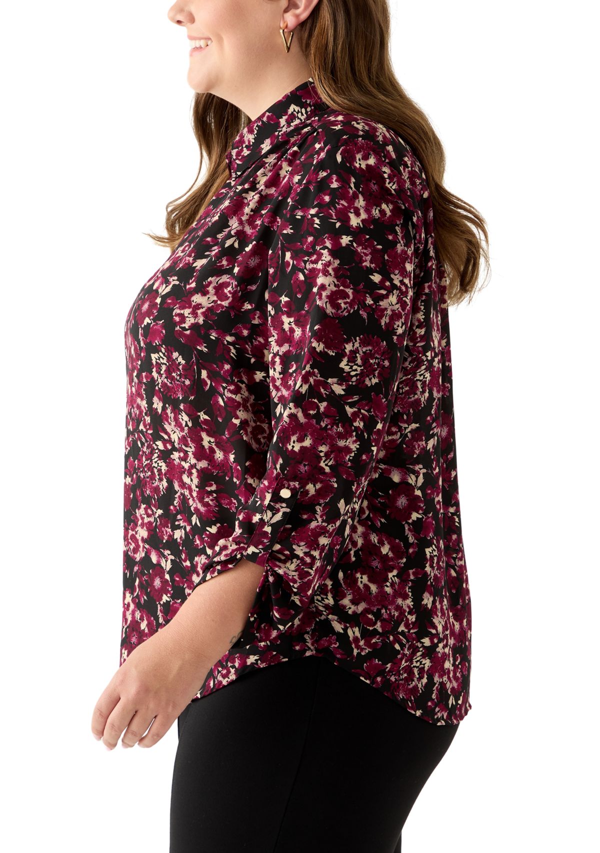 Plus Size Long Roll Tab Sleeve Printed Colllared Shirt