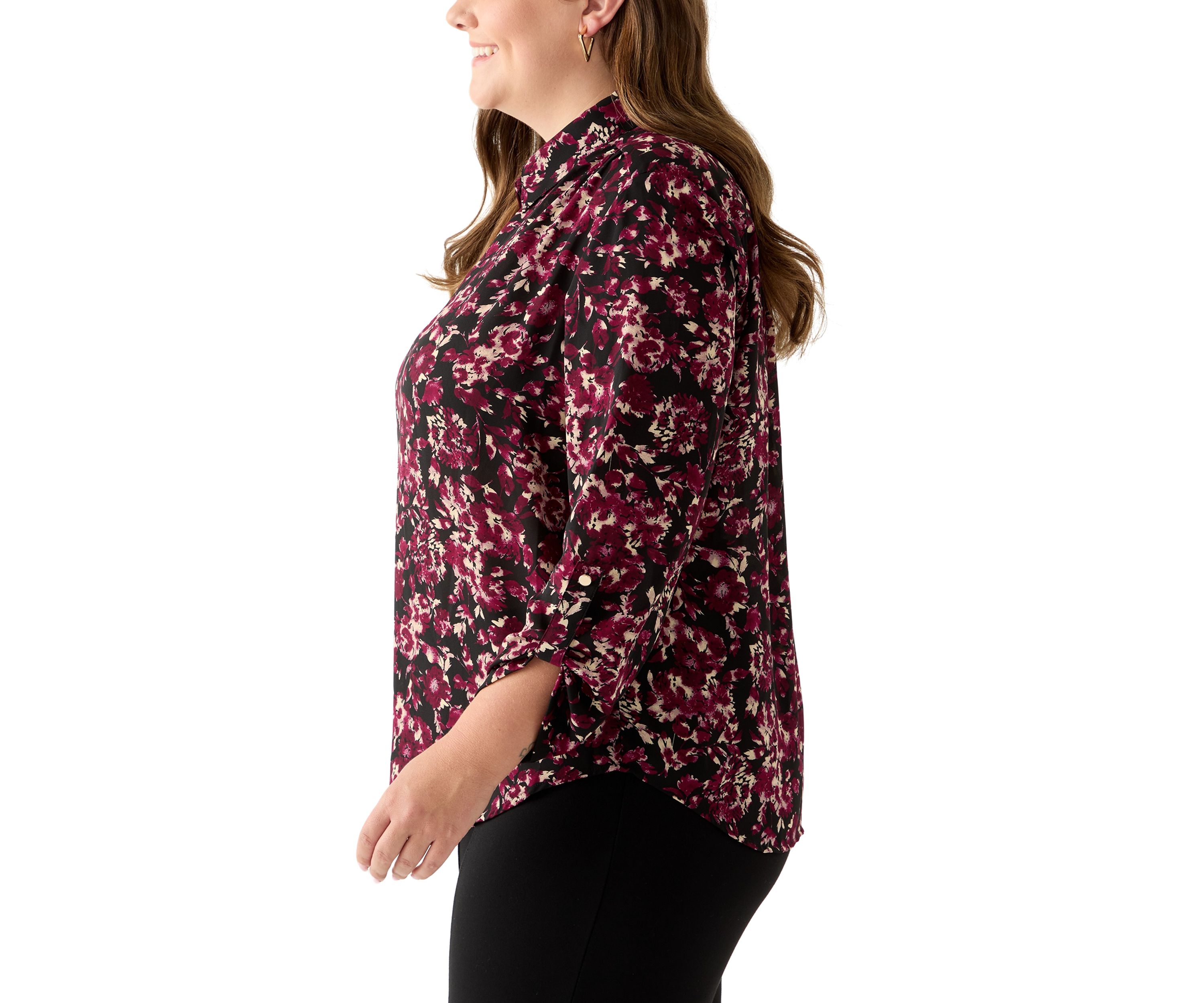 Plus Size Long Roll Tab Sleeve Printed Colllared Shirt
