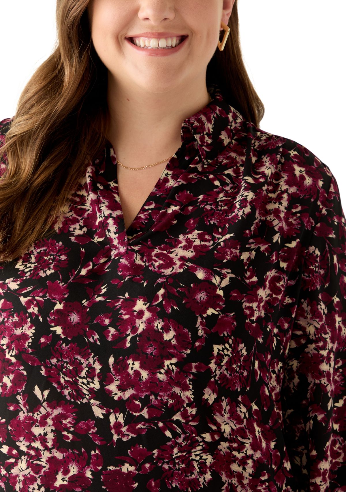 Plus Size Long Roll Tab Sleeve Printed Colllared Shirt