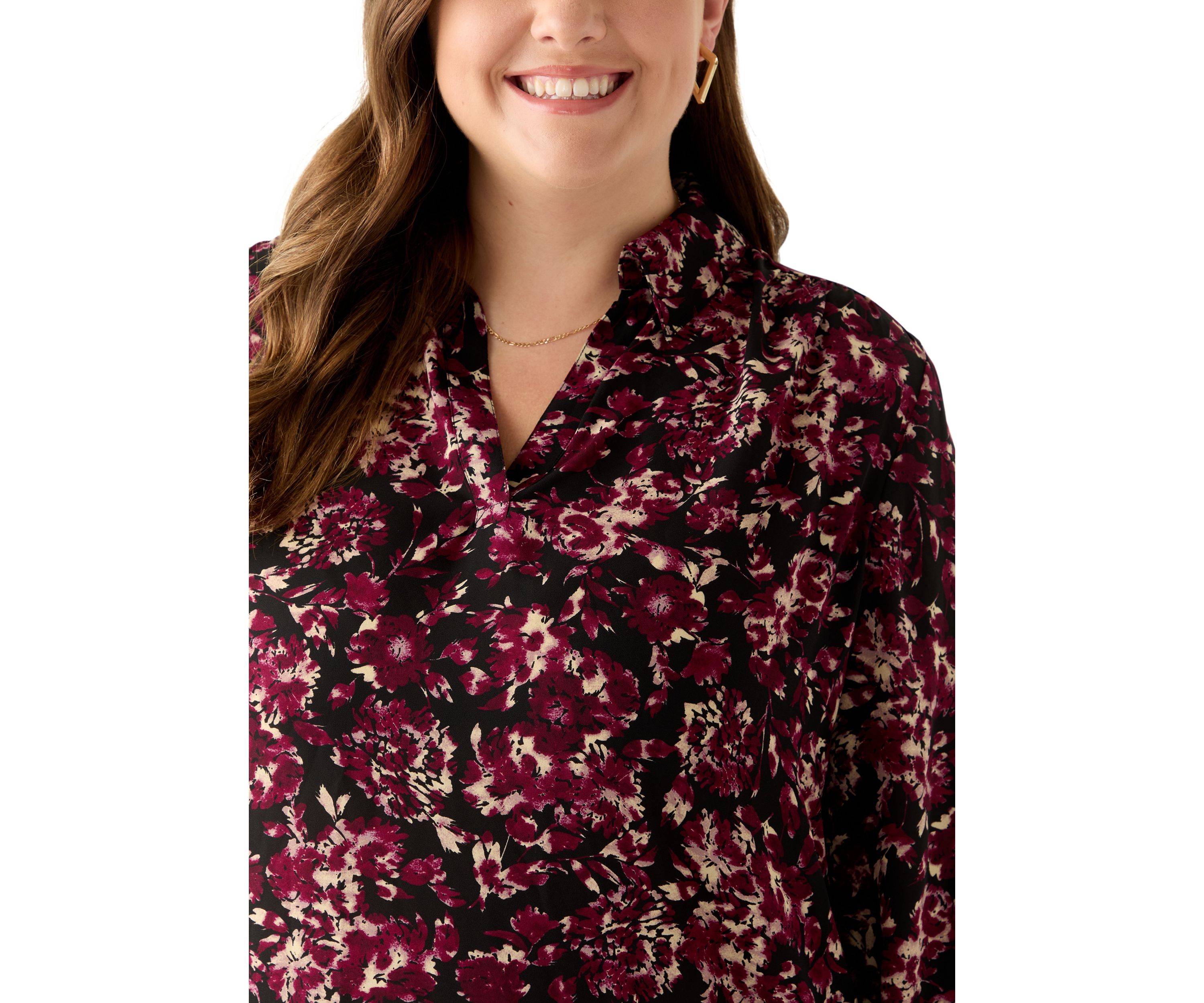 Plus Size Long Roll Tab Sleeve Printed Colllared Shirt