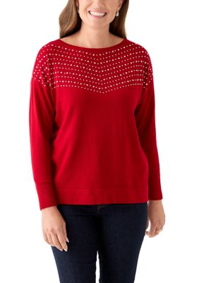 AK Anne Klein Women's Petite Long Sleeve Boat Neck Rhinestone Sweater