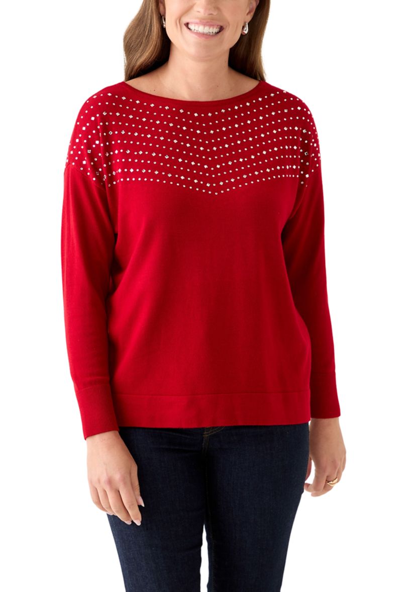 Petite Long Sleeve Boat Neck Rhinestone Sweater