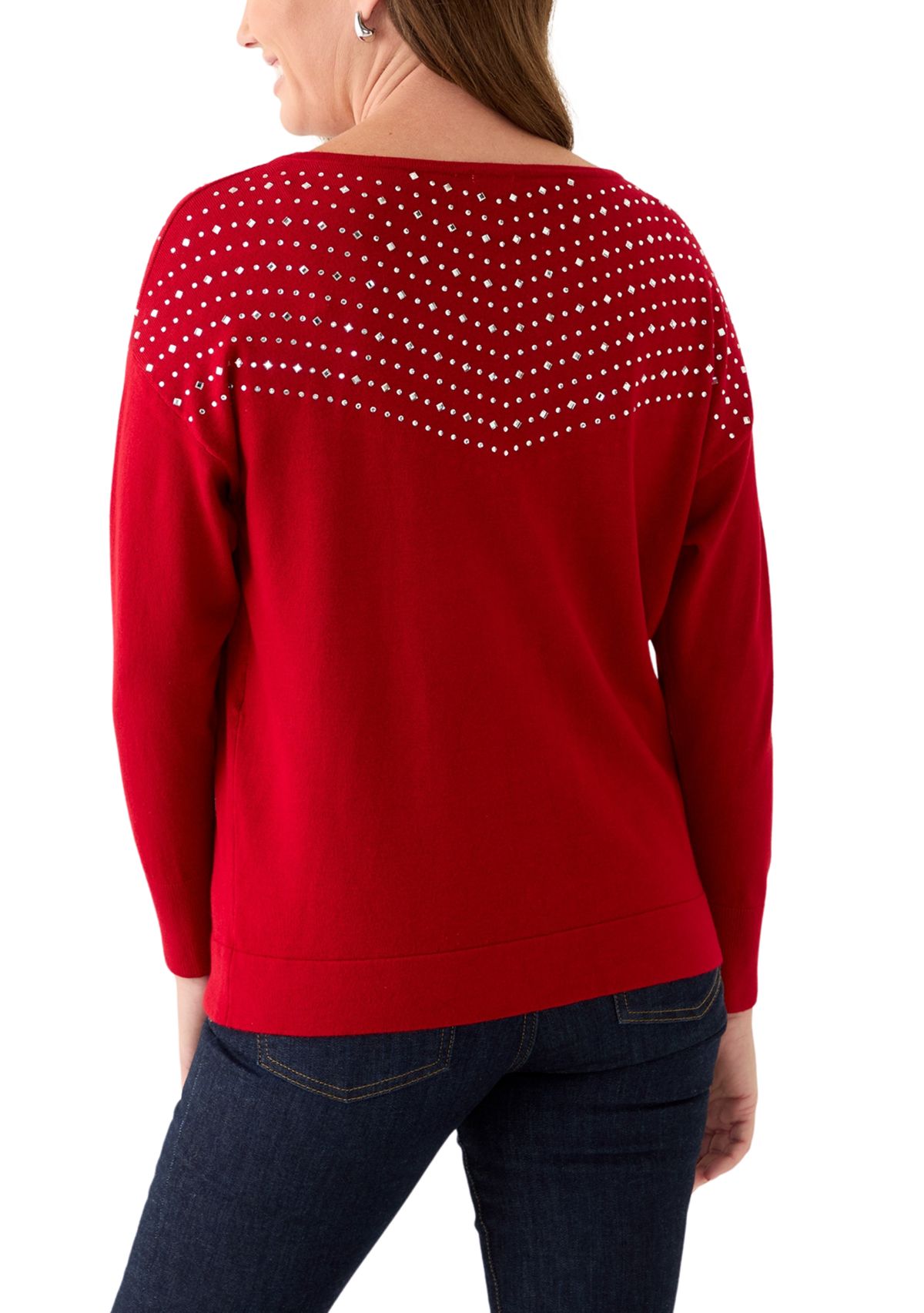Petite Long Sleeve Boat Neck Rhinestone Sweater