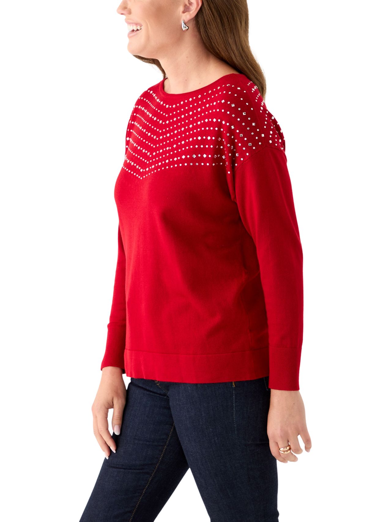 Petite Long Sleeve Boat Neck Rhinestone Sweater