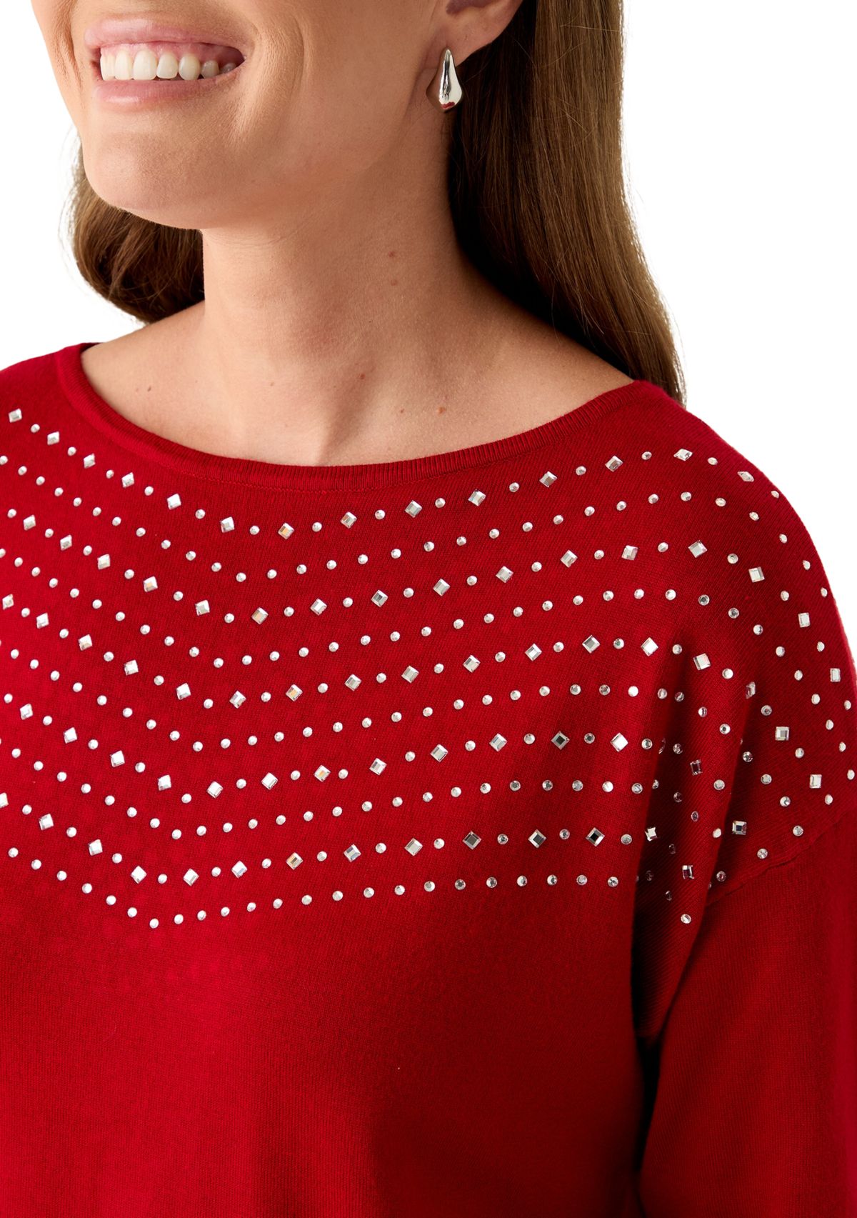 Petite Long Sleeve Boat Neck Rhinestone Sweater